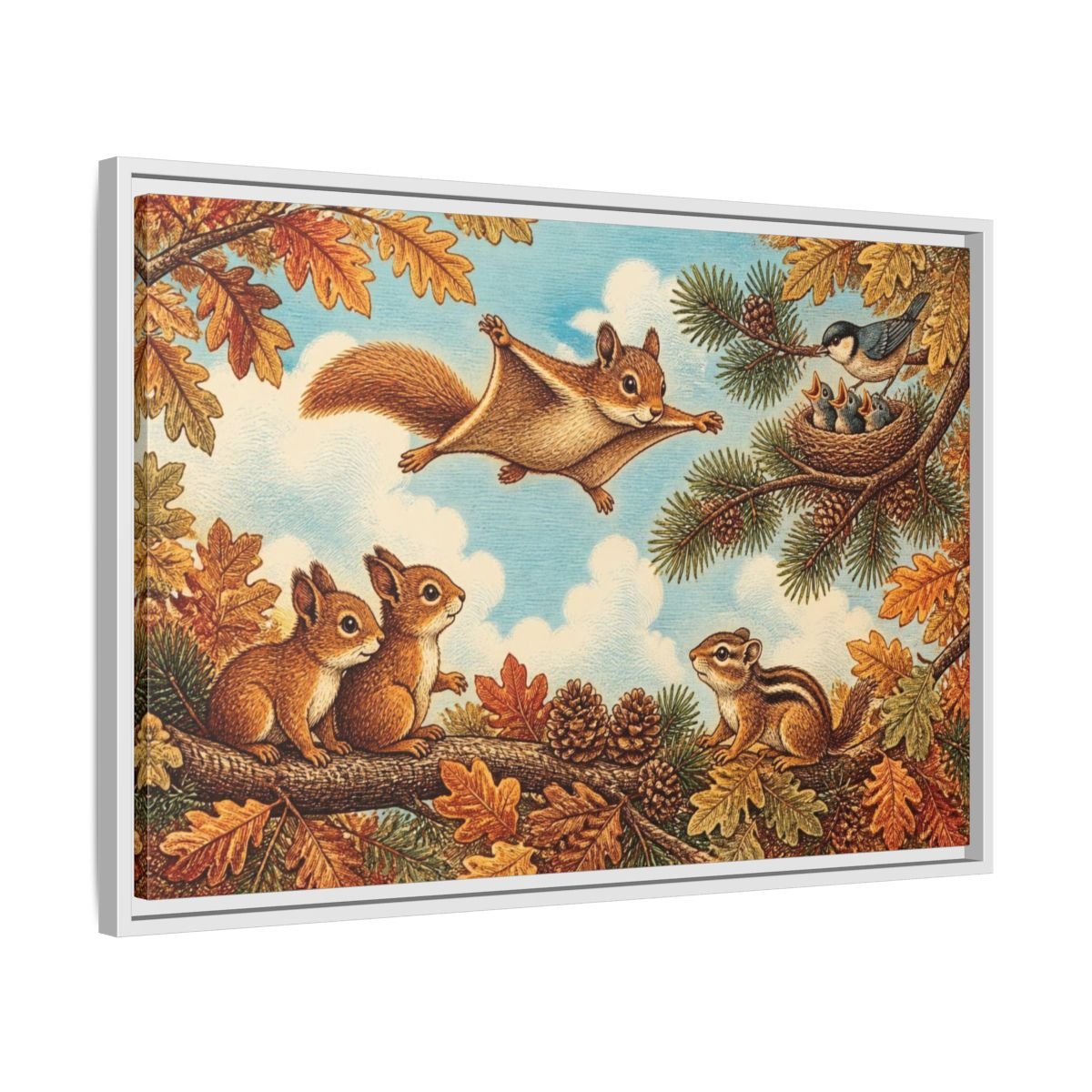 Gliding Squirrel Kids Room Framed Canvas Print – Feature Wall, Russet, Pine & Pale Blue - YesArtYes