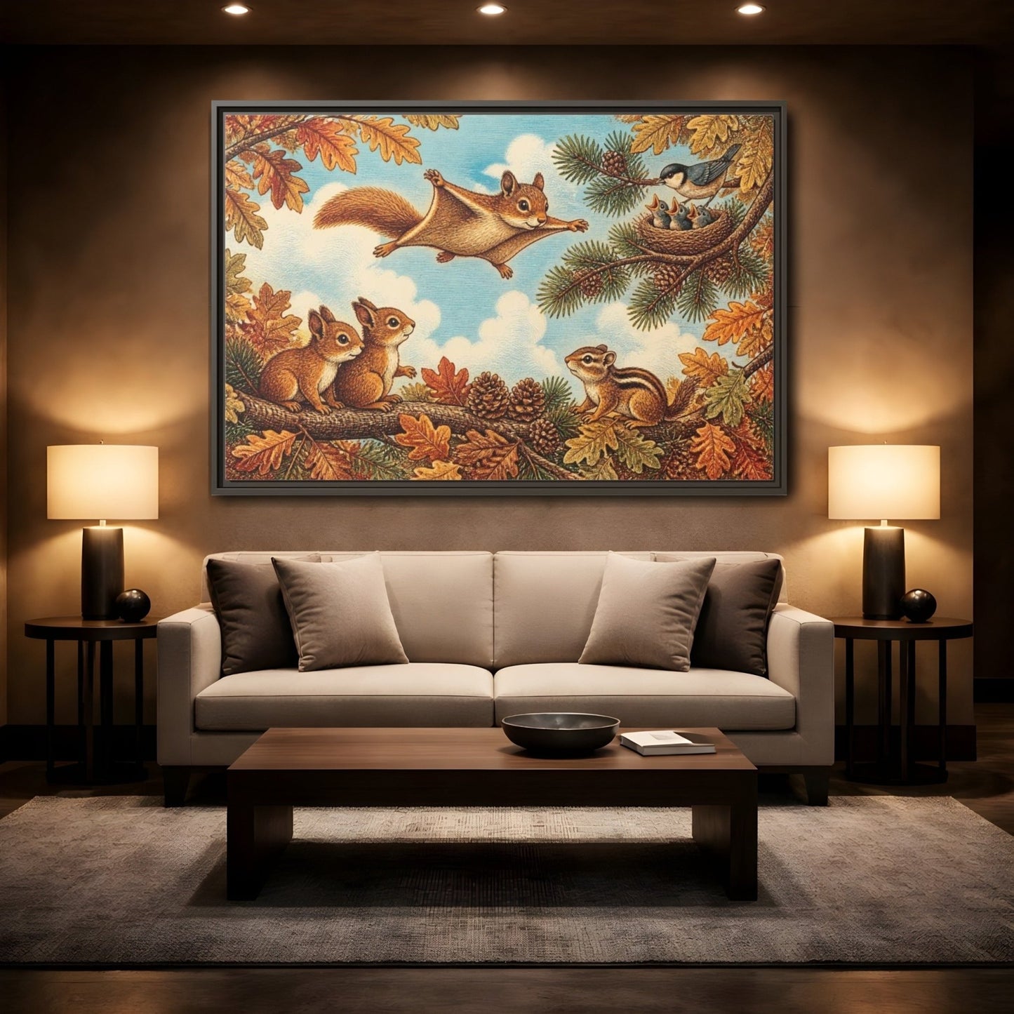 Gliding Squirrel Kids Room Framed Canvas Print – Feature Wall, Russet, Pine & Pale Blue - YesArtYes