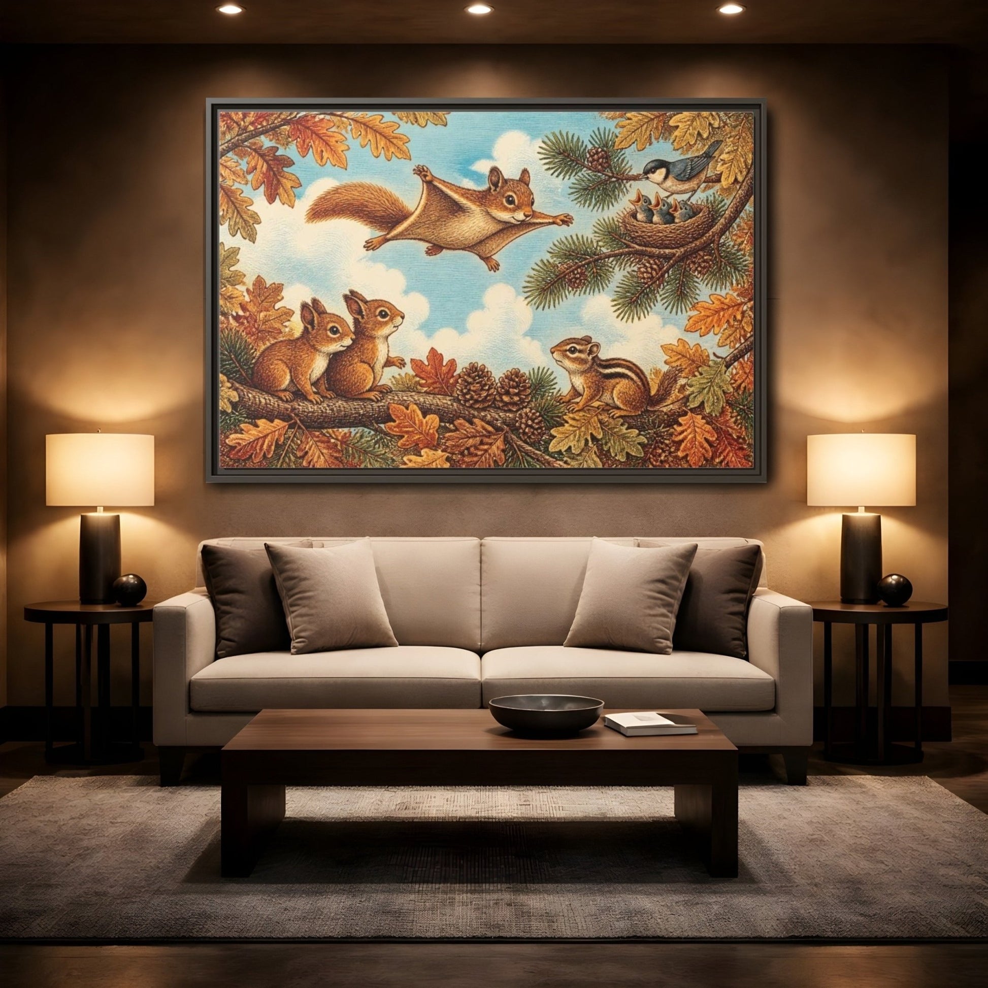 Gliding Squirrel Kids Room Framed Canvas Print – Feature Wall, Russet, Pine & Pale Blue - YesArtYes