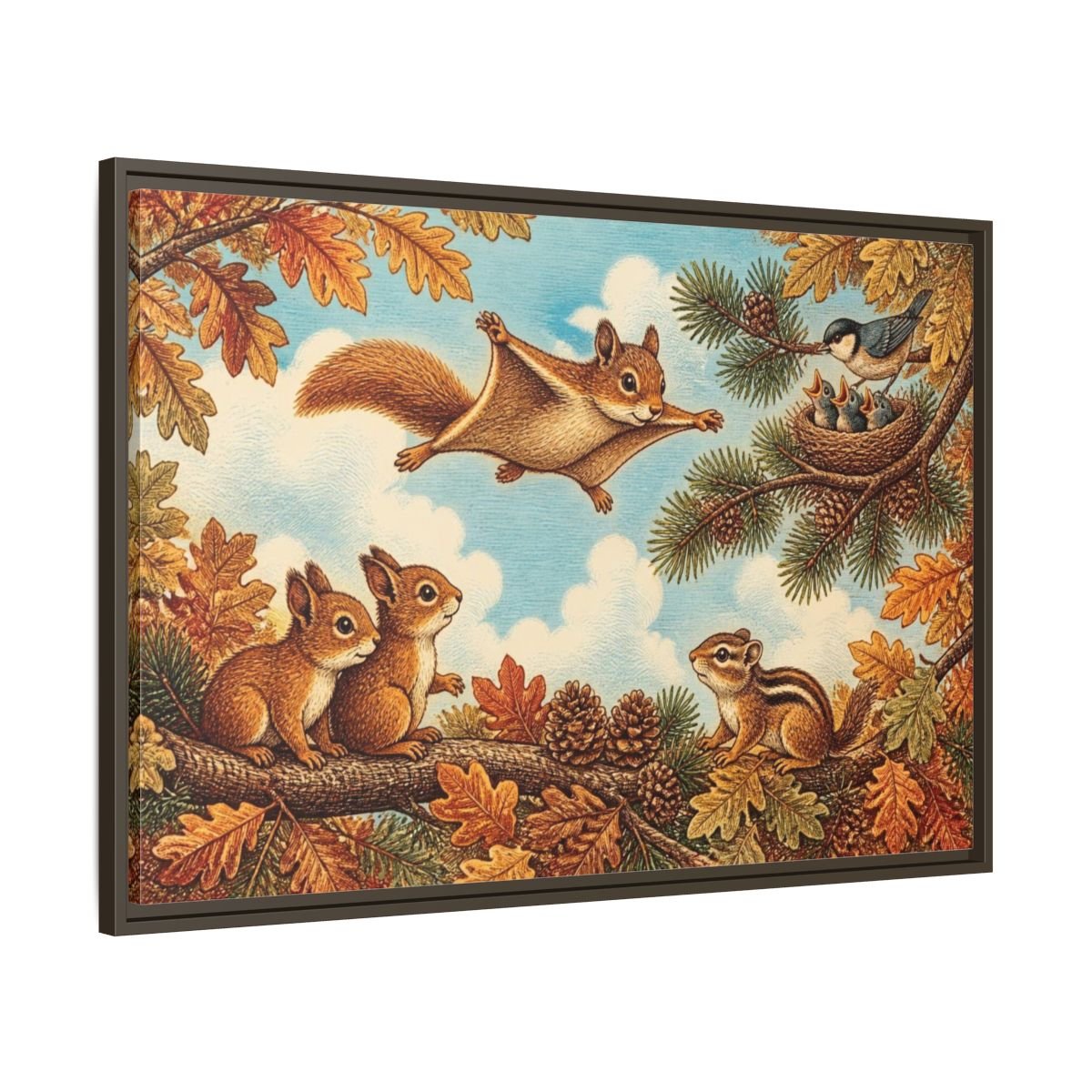 Gliding Squirrel Kids Room Framed Canvas Print – Feature Wall, Russet, Pine & Pale Blue - YesArtYes