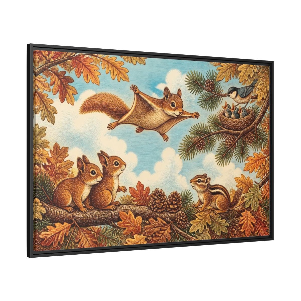 Gliding Squirrel Kids Room Framed Canvas Print – Feature Wall, Russet, Pine & Pale Blue - YesArtYes