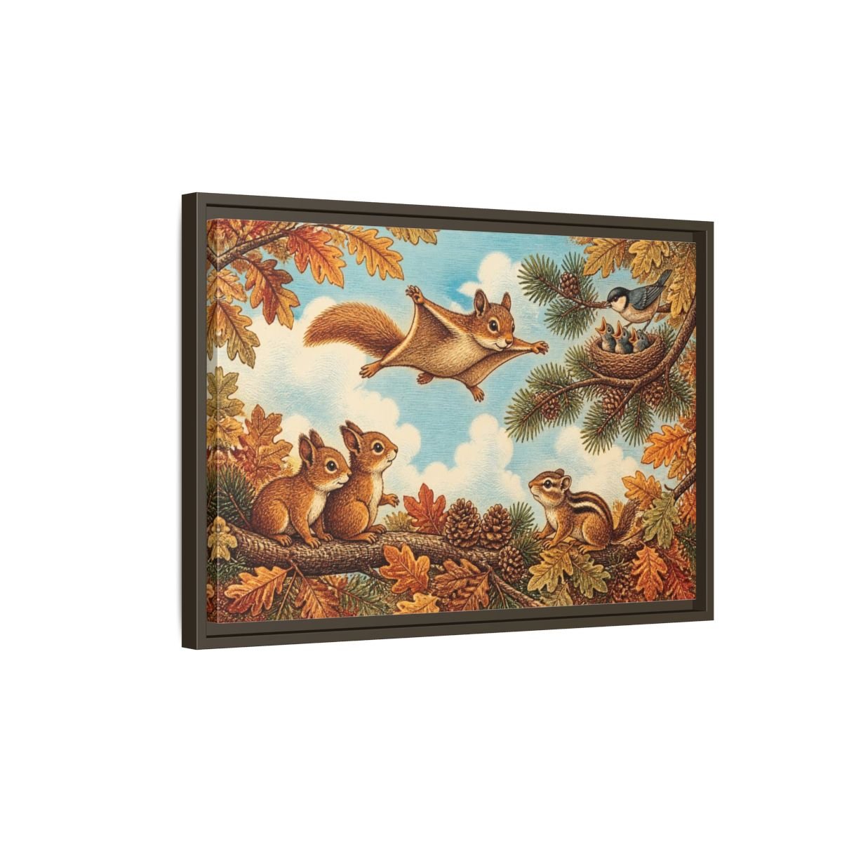 Gliding Squirrel Kids Room Framed Canvas Print – Feature Wall, Russet, Pine & Pale Blue - YesArtYes