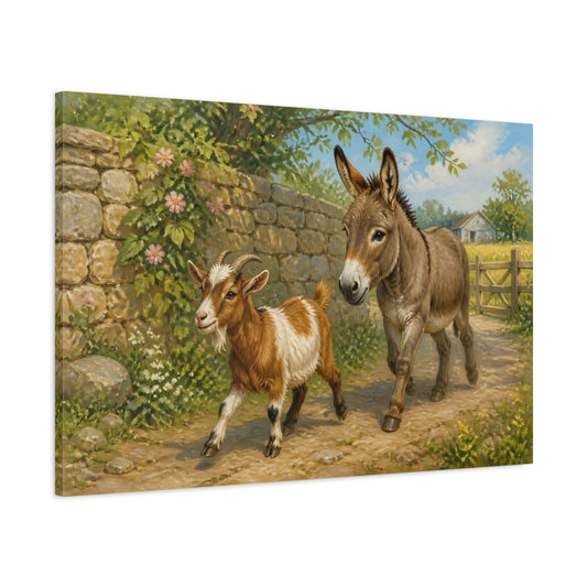 Main Mockup. Goat And Donkey Walk shown as canvas print
