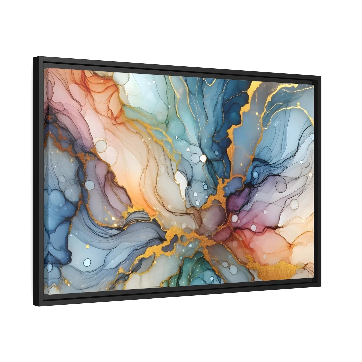 Gold-Accented Aqua Abstract - Contemporary Canvas Art in Black Pinewood Frame