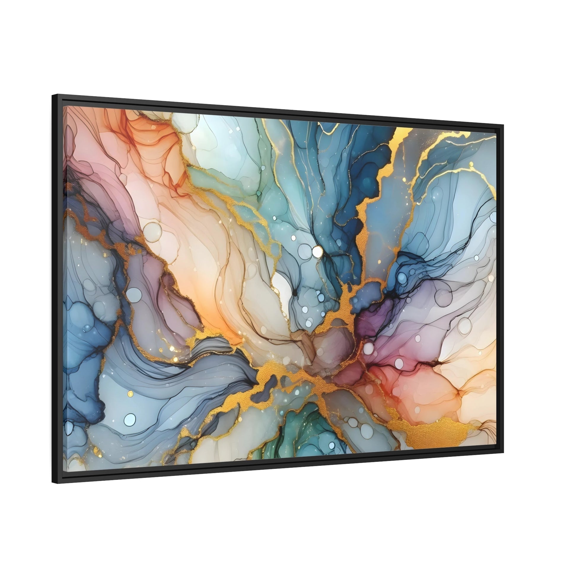 Gold-Accented Aqua Abstract - Contemporary Canvas Art in Black Pinewood Frame