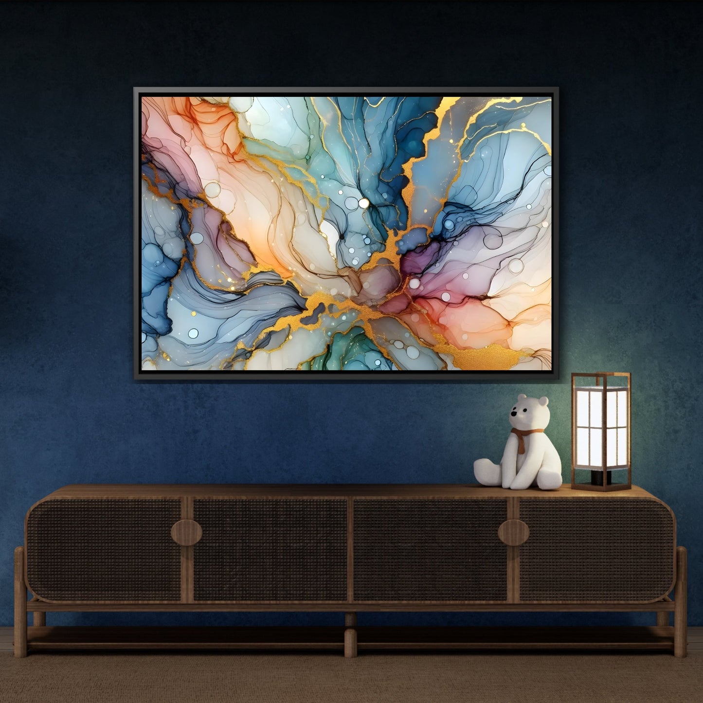 Gold-Accented Aqua Abstract - Contemporary Canvas Art in Black Pinewood Frame