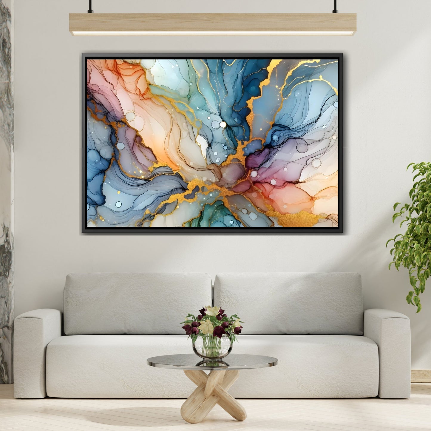 Gold-Accented Aqua Abstract - Contemporary Canvas Art in Black Pinewood Frame