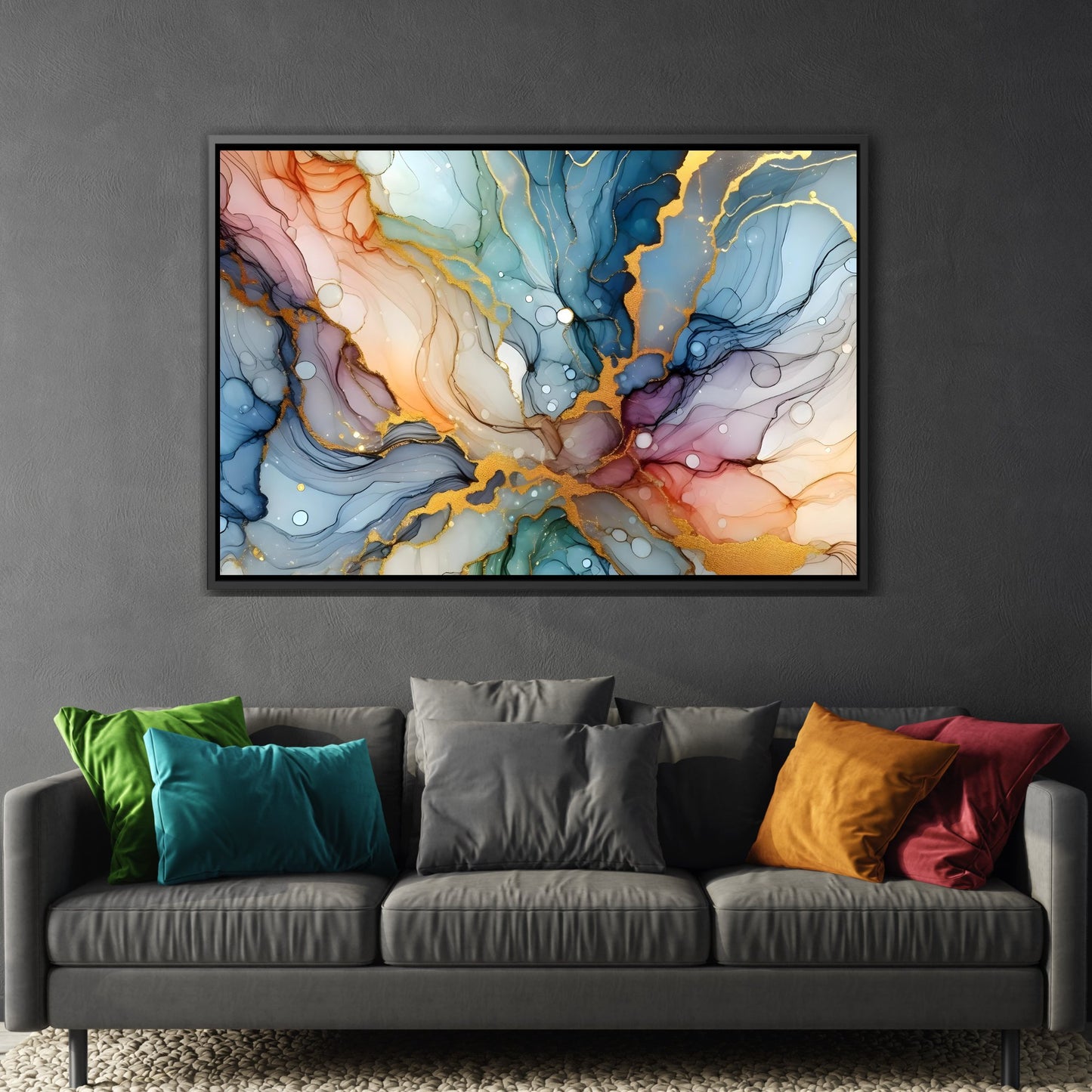 Gold-Accented Aqua Abstract - Contemporary Canvas Art in Black Pinewood Frame