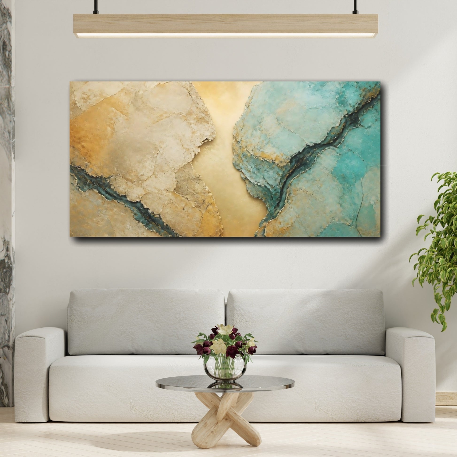 Mockup 2. Gold And Turquoise Rocks shown as canvas print