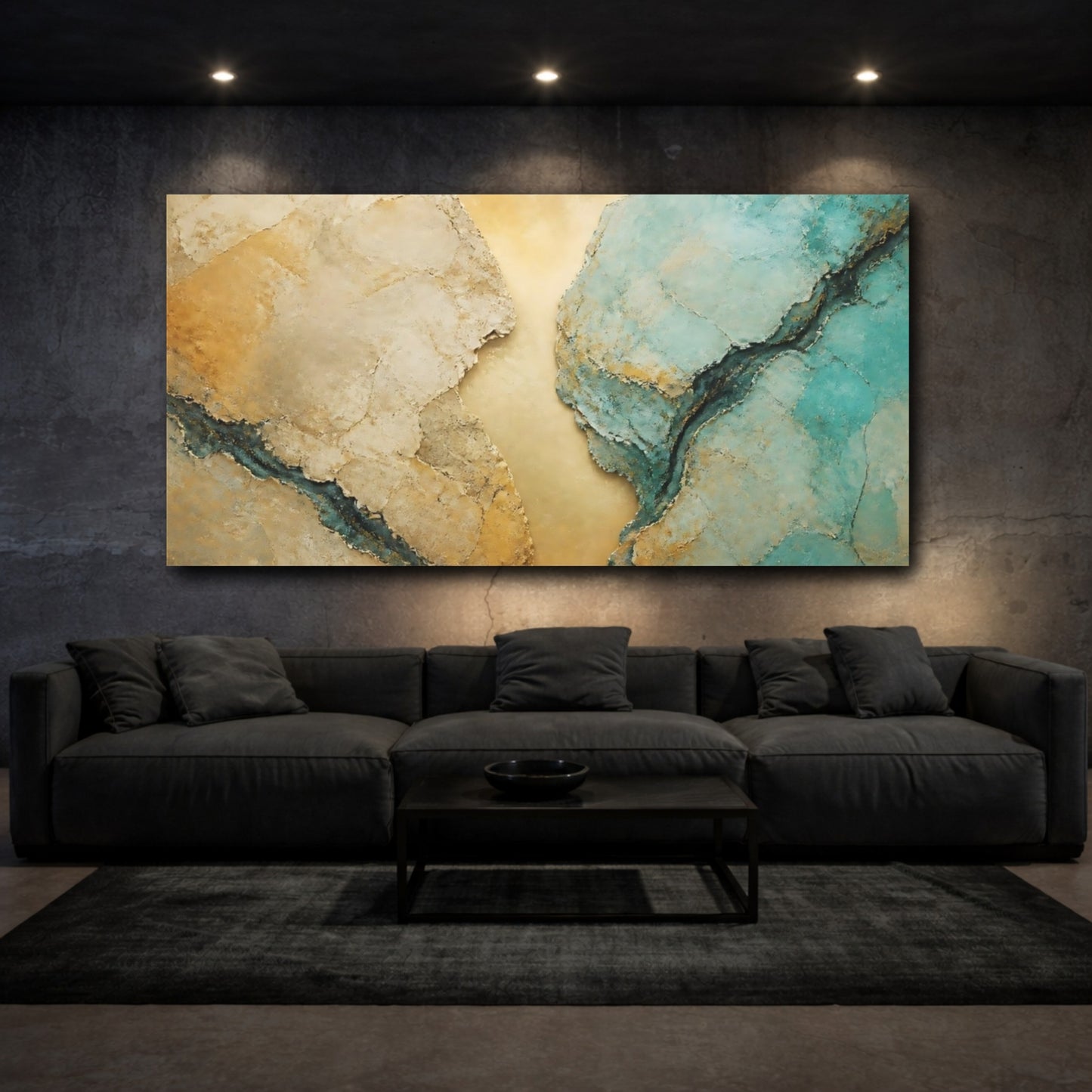 Mockup 3. Gold And Turquoise Rocks shown as canvas print