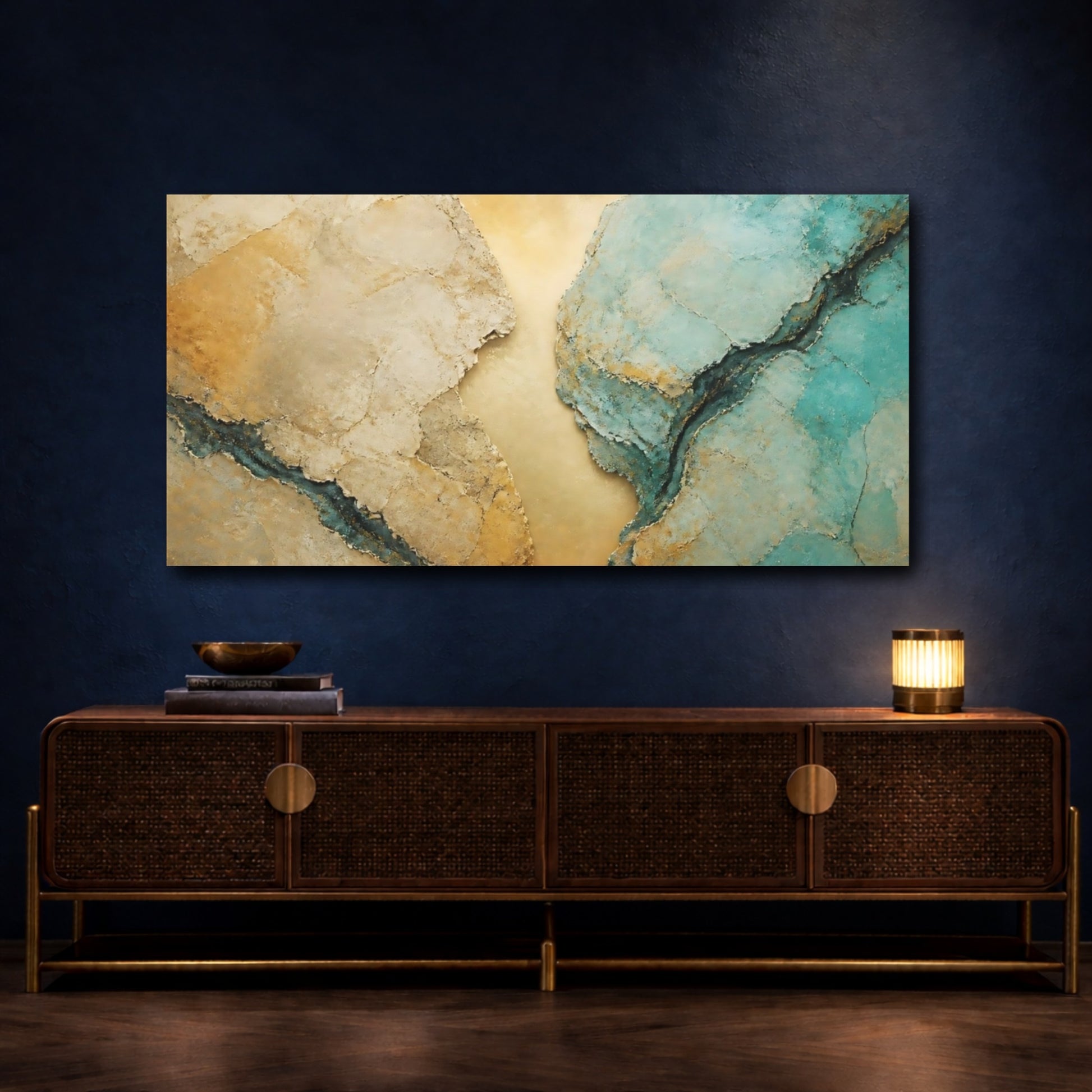 Mockup 4. Gold And Turquoise Rocks shown as canvas print