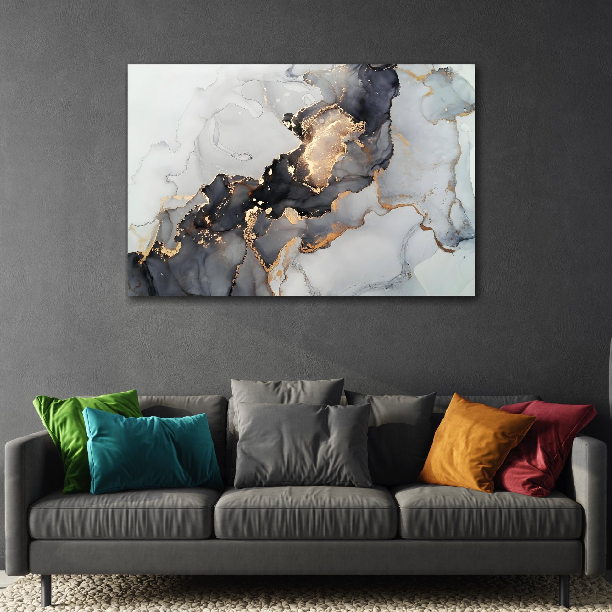 Gold Black Marvel Framed Canvas Print - Modern Abstract Fluid wall Art for Bedroom