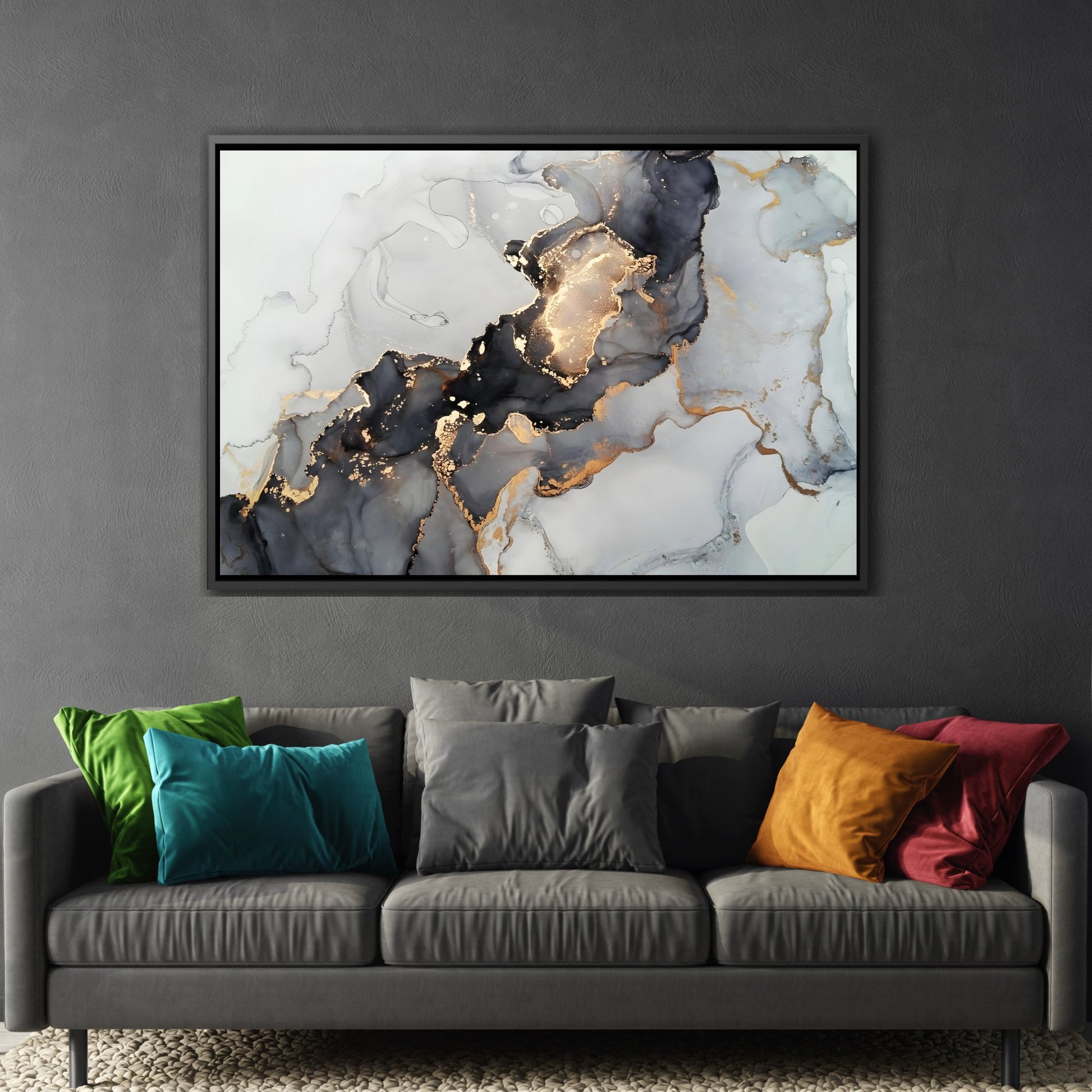 Gold Black Marvel Framed Canvas Print - Modern Abstract Fluid wall Art in Black Frame