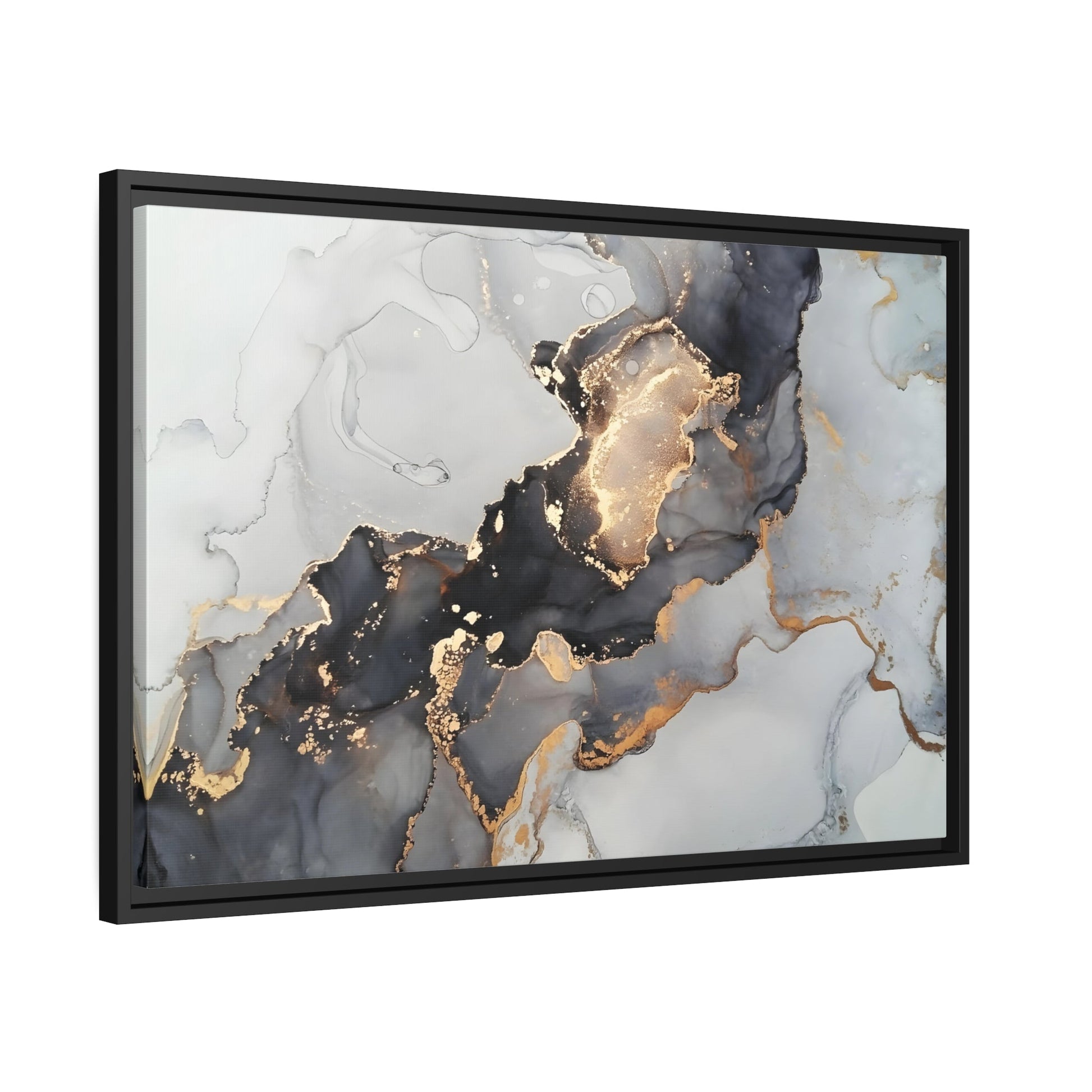 Gold Black Marvel Framed Canvas Print - Modern Abstract Fluid wall Art in Black Frame