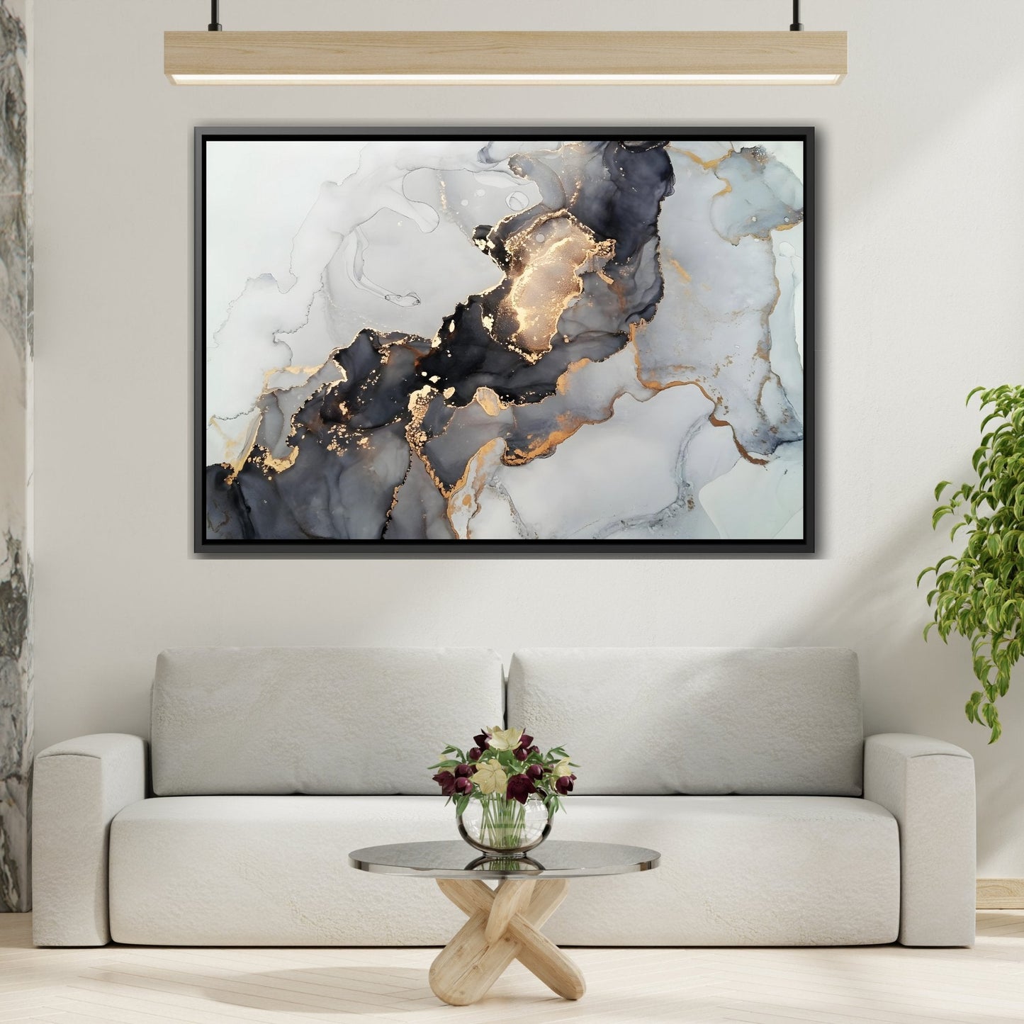 Gold Black Marvel Framed Canvas Print - Modern Abstract Fluid wall Art in Black Frame