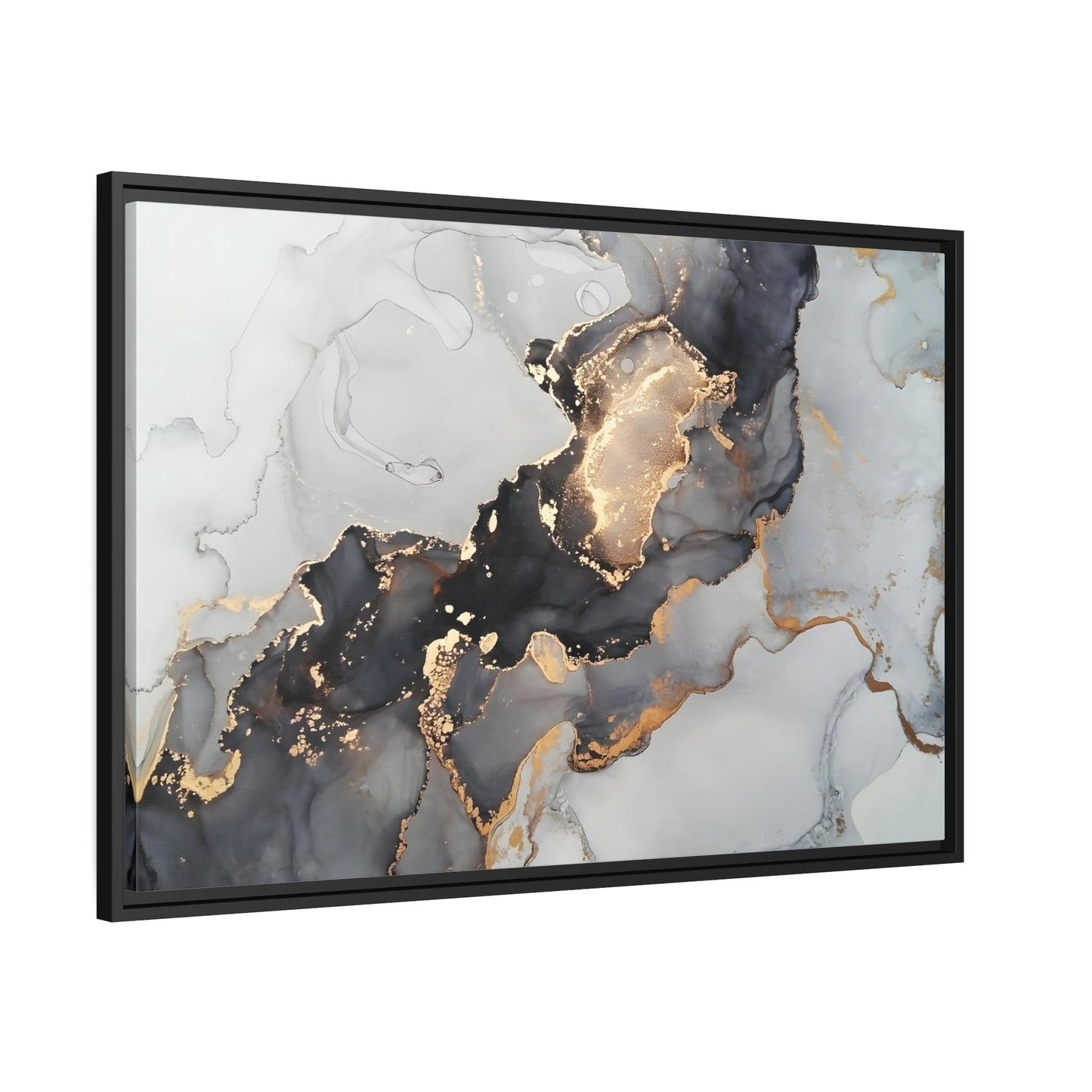 Gold Black Marvel Framed Canvas Print - Modern Abstract Fluid wall Art in Black Frame