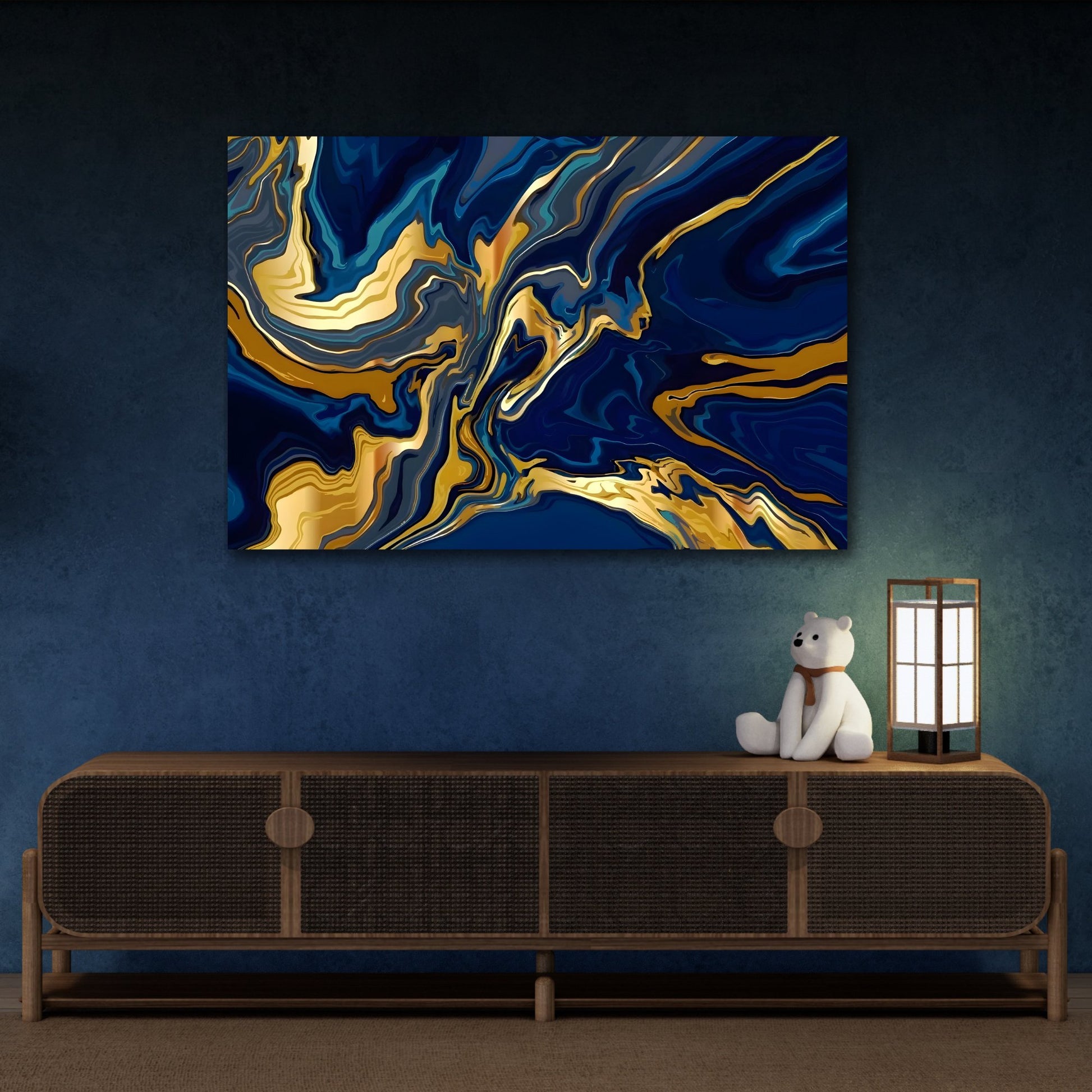 Gold Blue Abstract Canvas Print - Marble Modern Luxury Wall Art