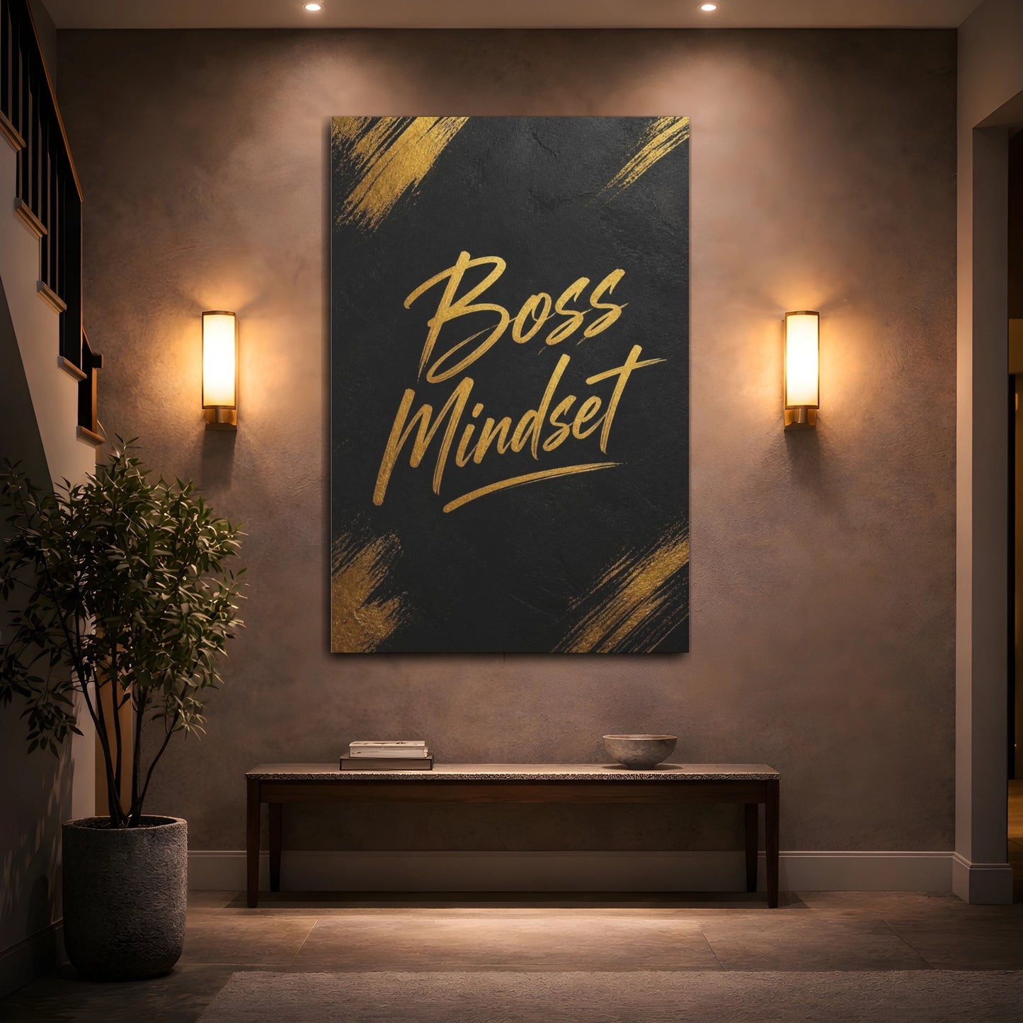 Mockup 2. Gold Boss Mindset Quote shown as canvas print
