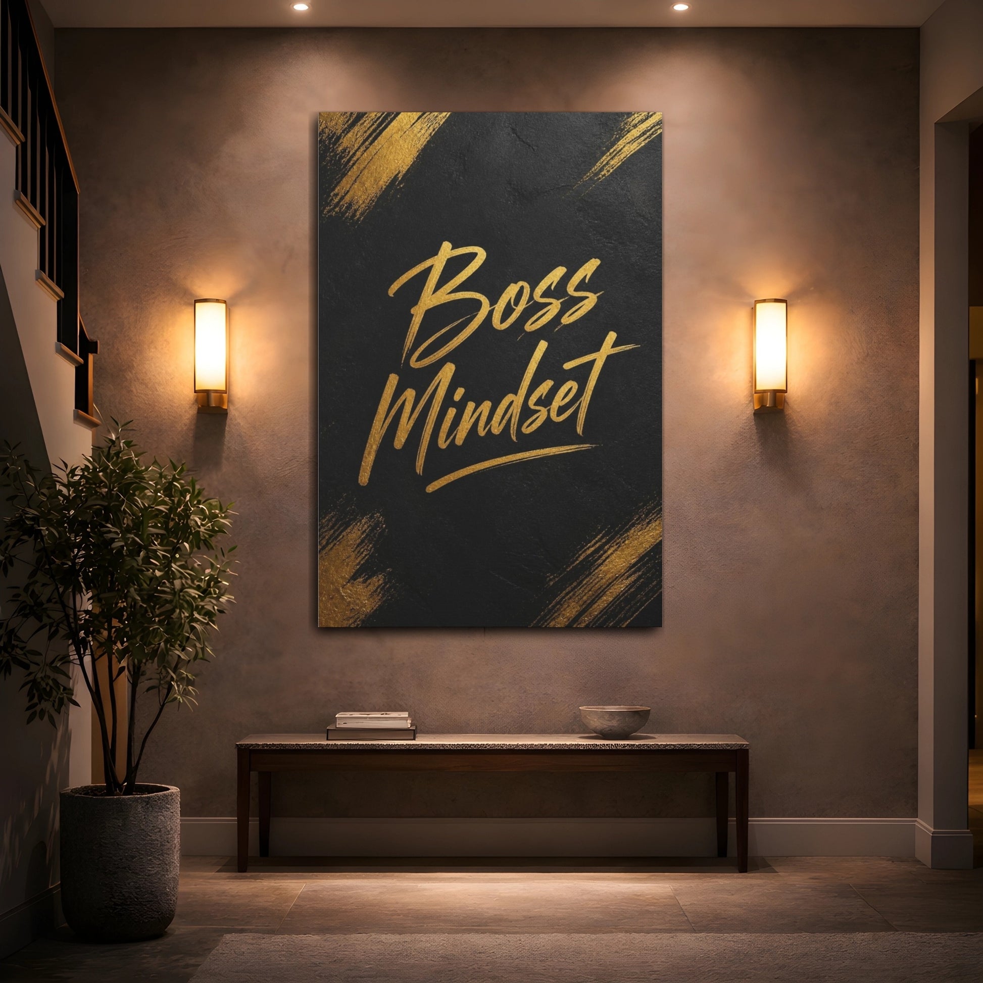 Mockup 2. Gold Boss Mindset Quote shown as canvas print