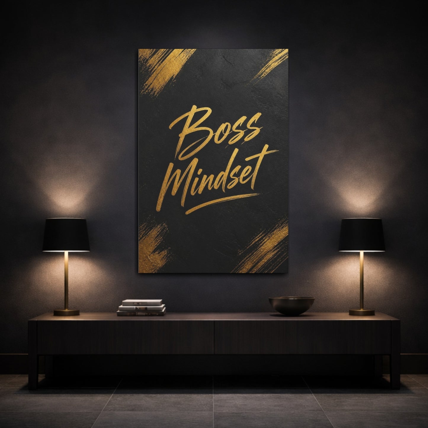 Mockup 3. Gold Boss Mindset Quote shown as canvas print
