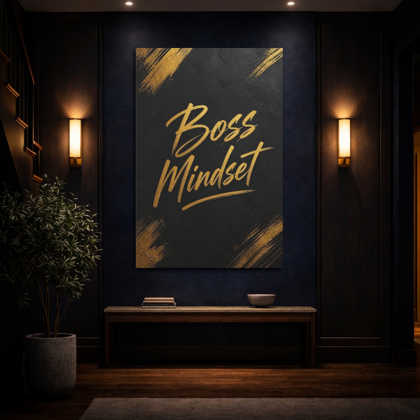 Mockup 4. Gold Boss Mindset Quote shown as canvas print