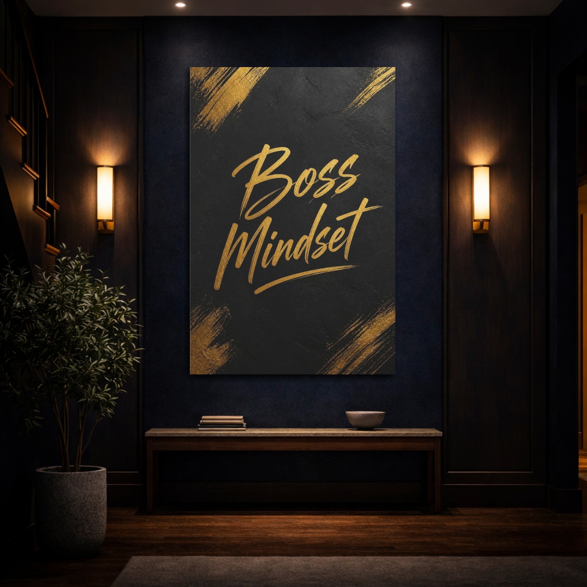 Mockup 4. Gold Boss Mindset Quote shown as canvas print