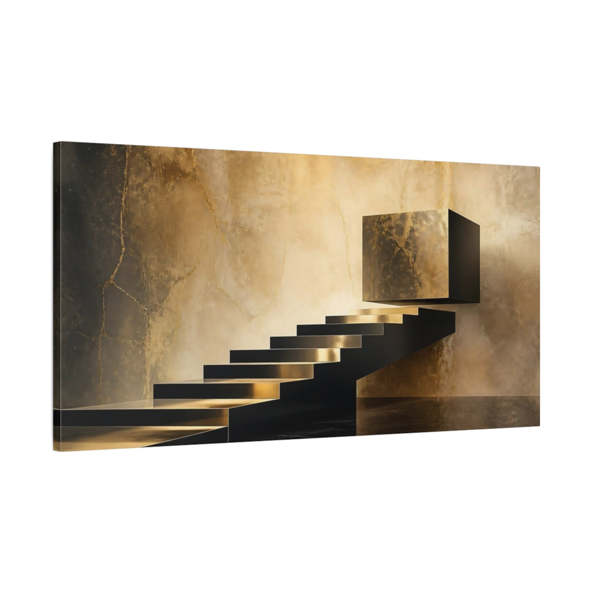 Main Mockup. Gold Floating Staircase shown as canvas print