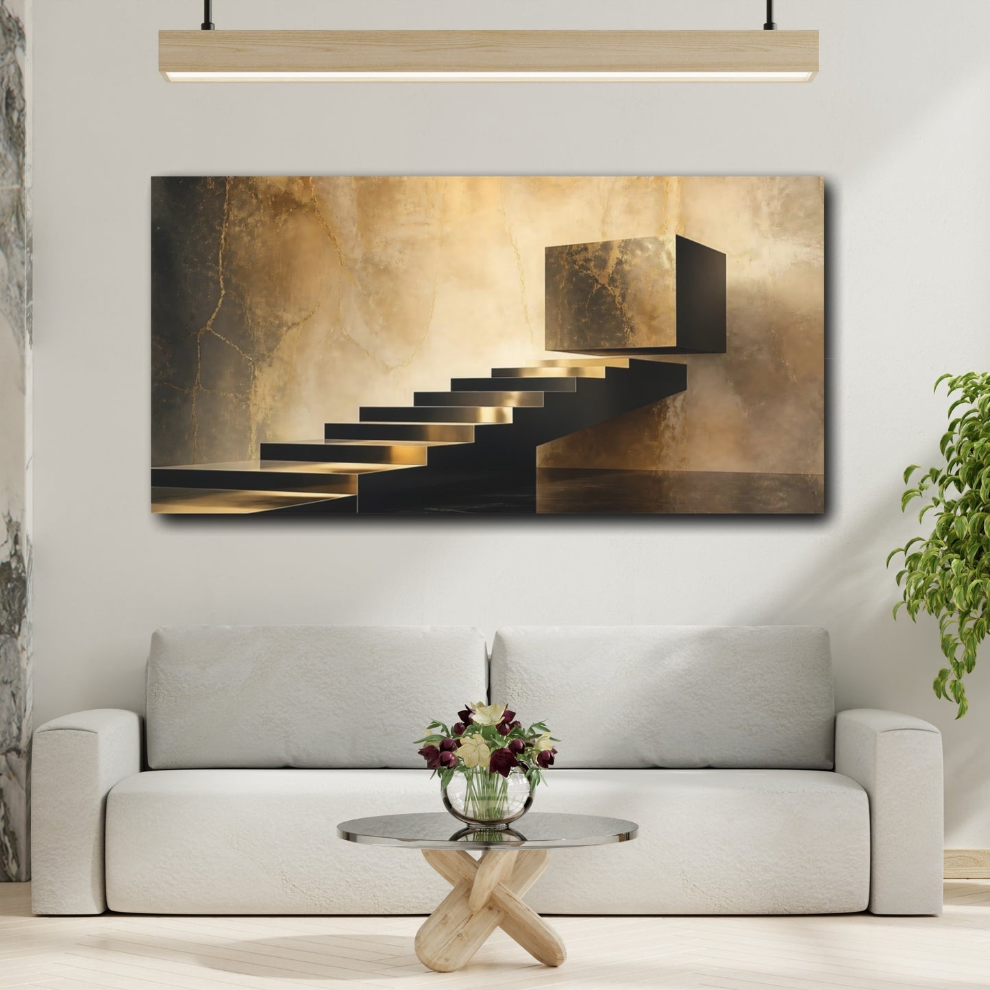 Mockup 2. Gold Floating Staircase shown as canvas print