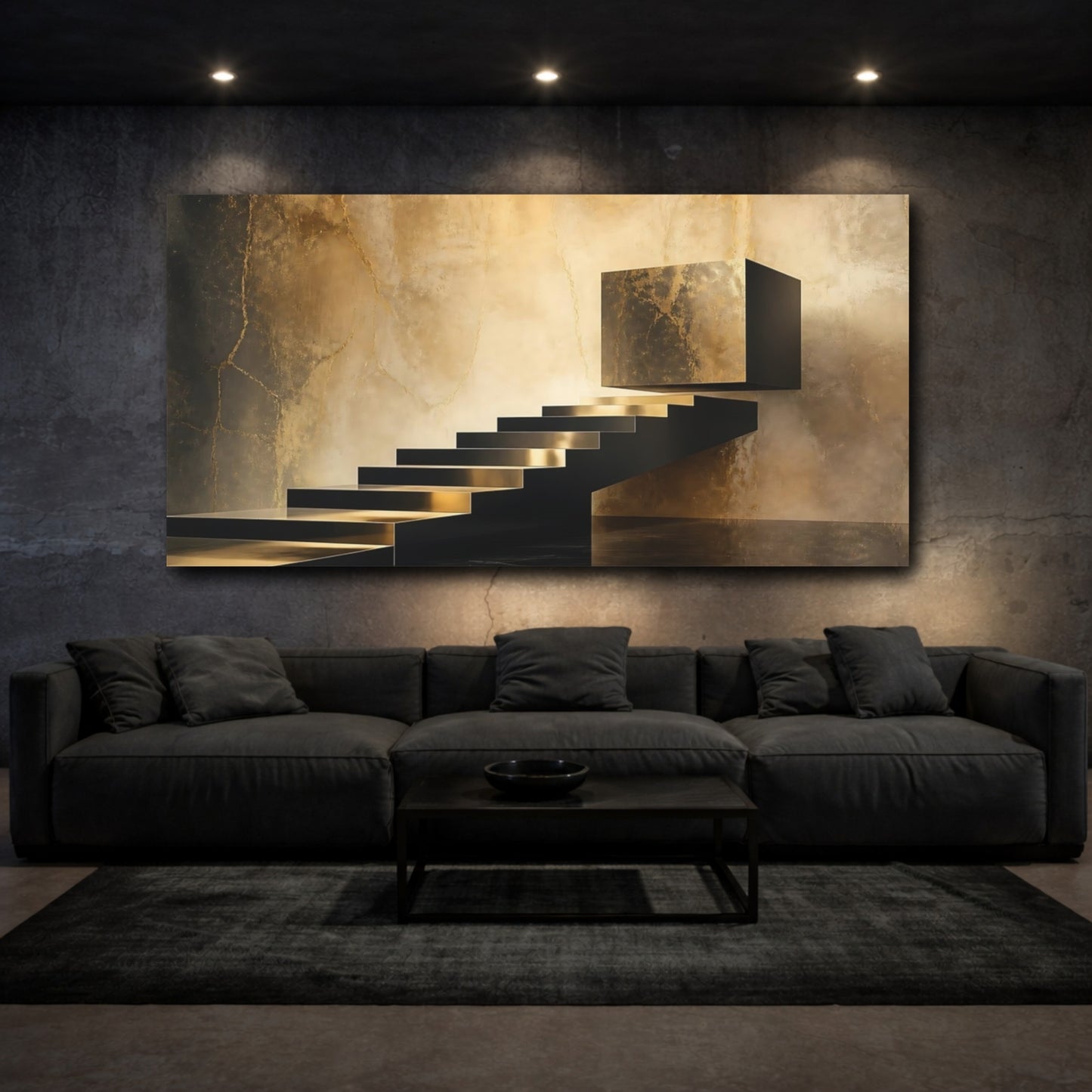 Mockup 3. Gold Floating Staircase shown as canvas print