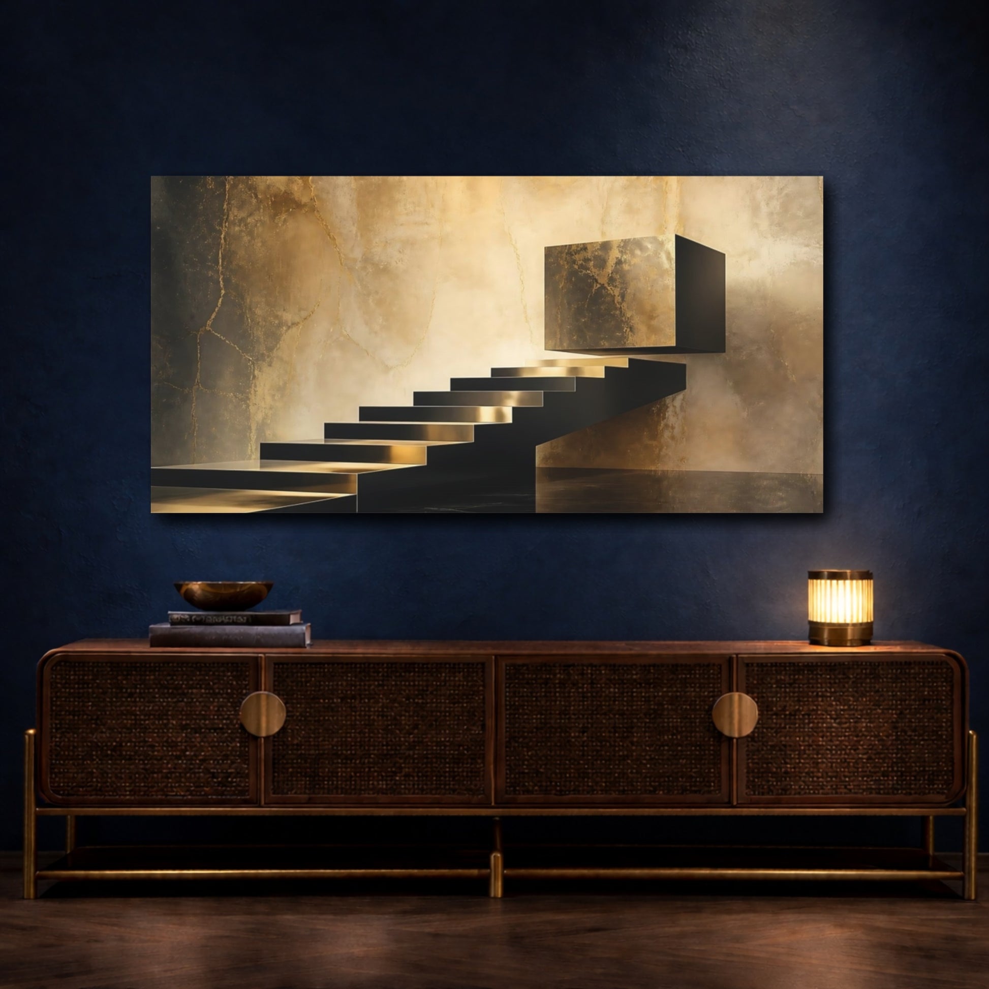 Mockup 4. Gold Floating Staircase shown as canvas print