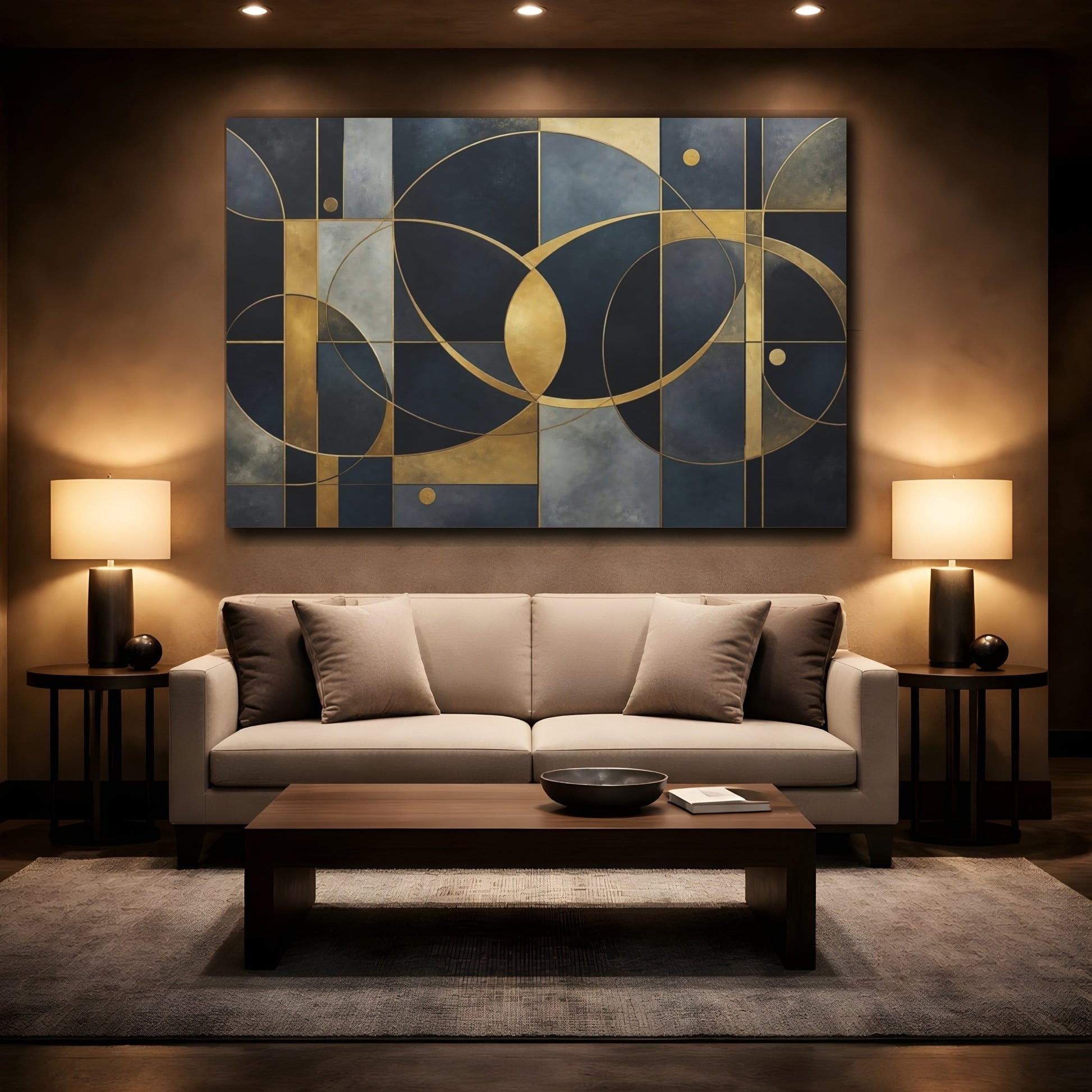 Mockup 2. Gold Geometric Circles shown as canvas print