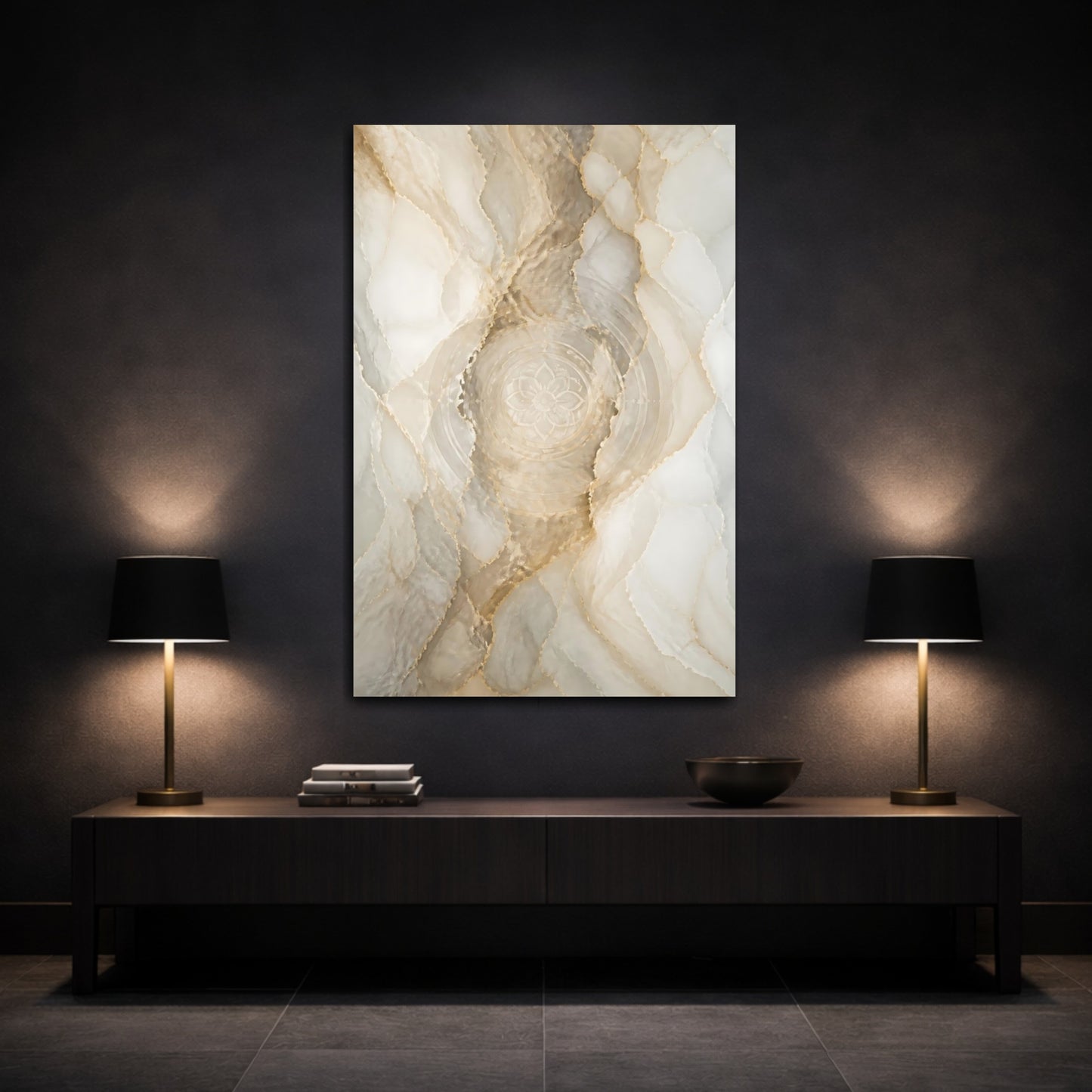 Mockup 3. Gold Marble Mandala shown as canvas print