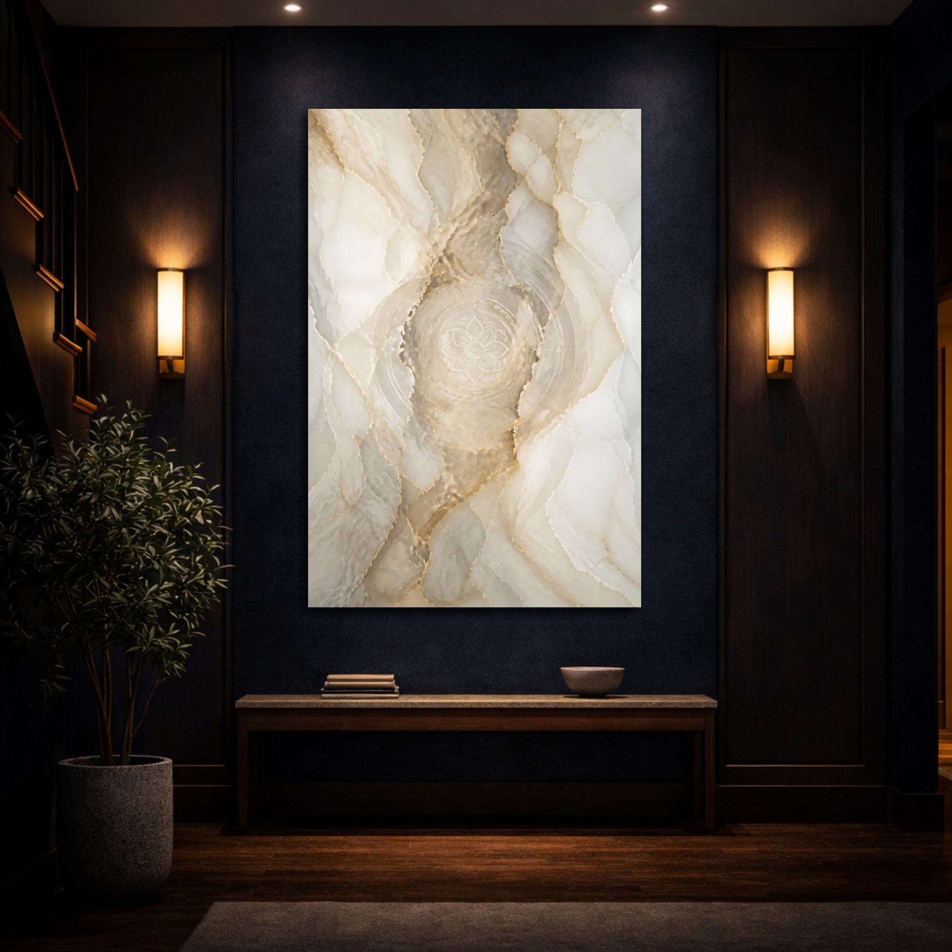 Mockup 4. Gold Marble Mandala shown as canvas print