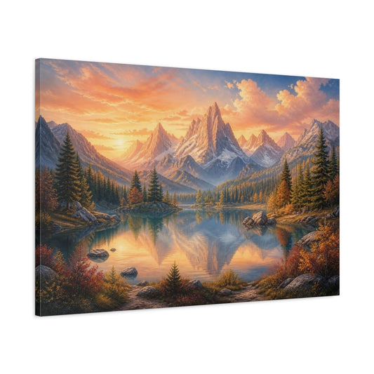Main Mockup. Golden Alpine Lake Sunrise shown as canvas print
