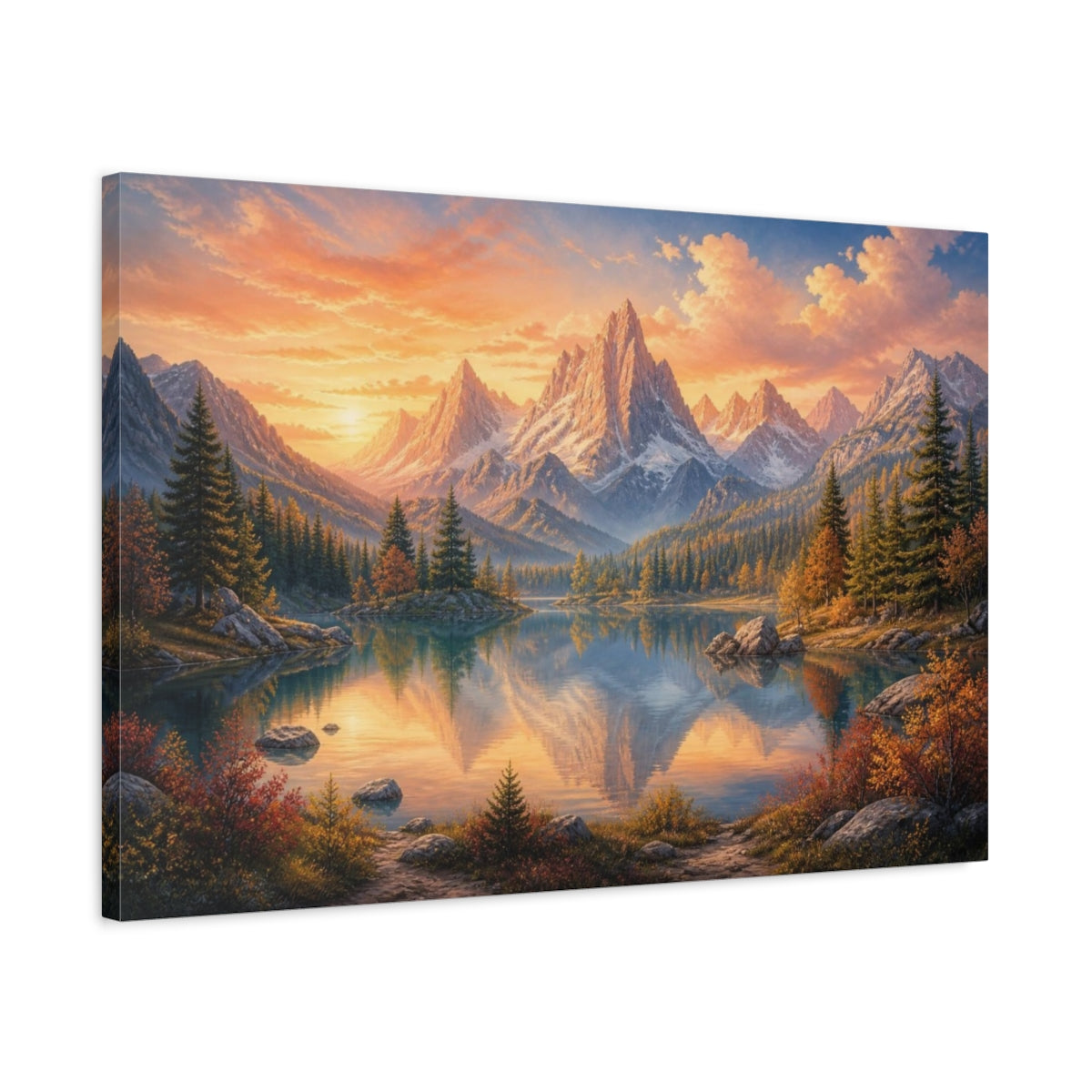 Side Mockup 2. Golden Alpine Lake Sunrise shown as canvas print