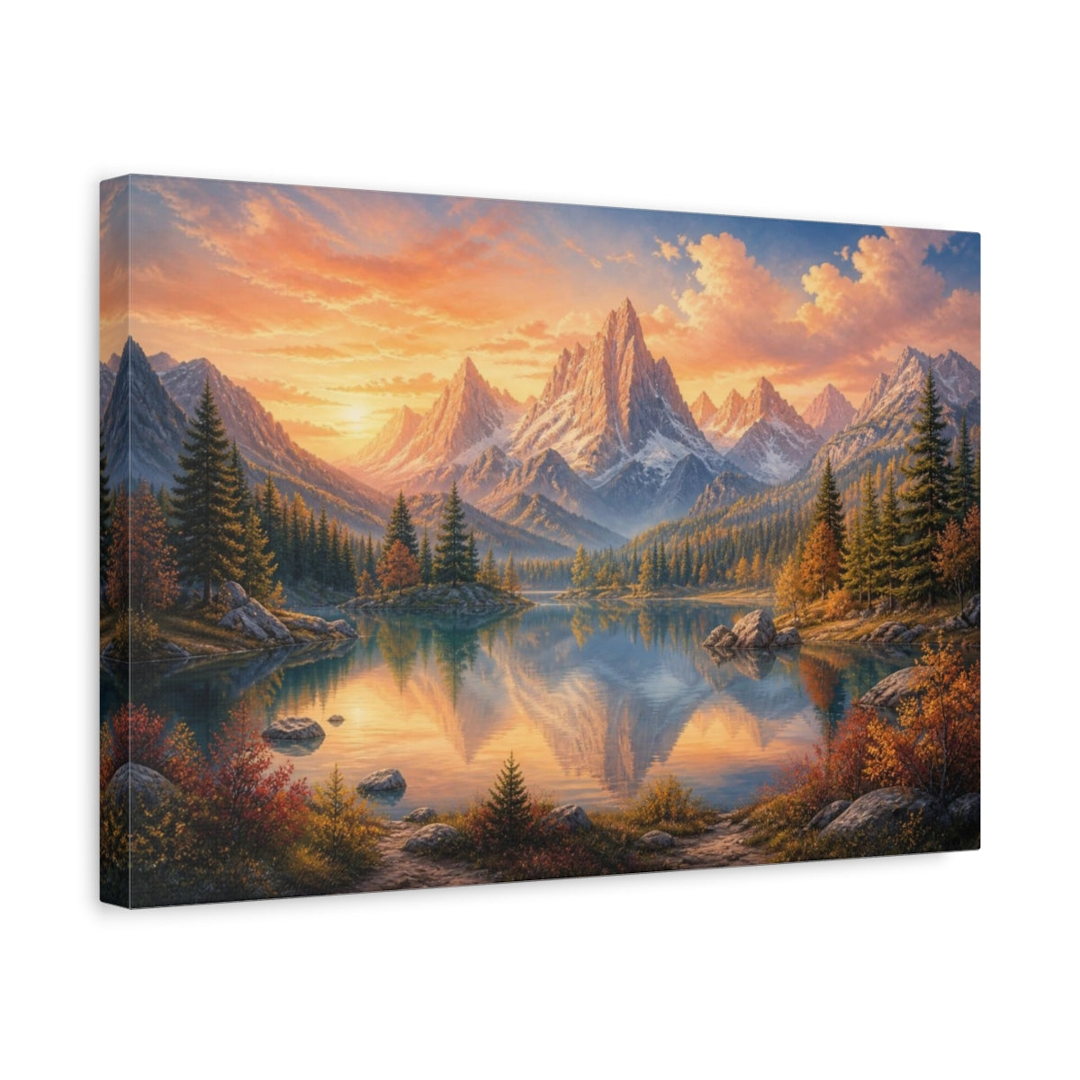 Side Mockup 4. Golden Alpine Lake Sunrise shown as canvas print