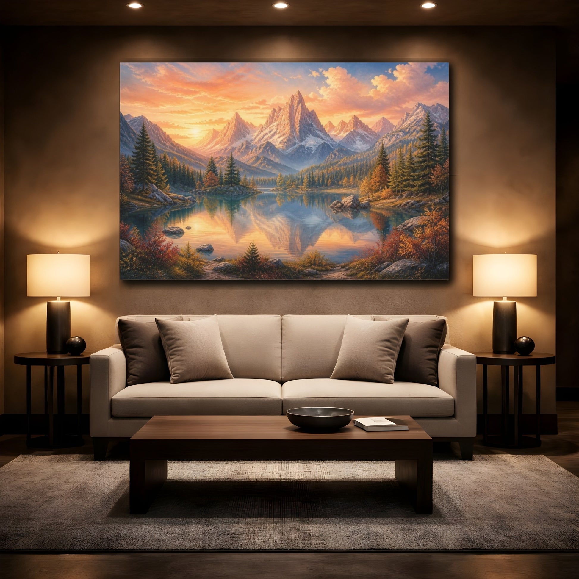 Mockup 2. Golden Alpine Lake Sunrise shown as canvas print
