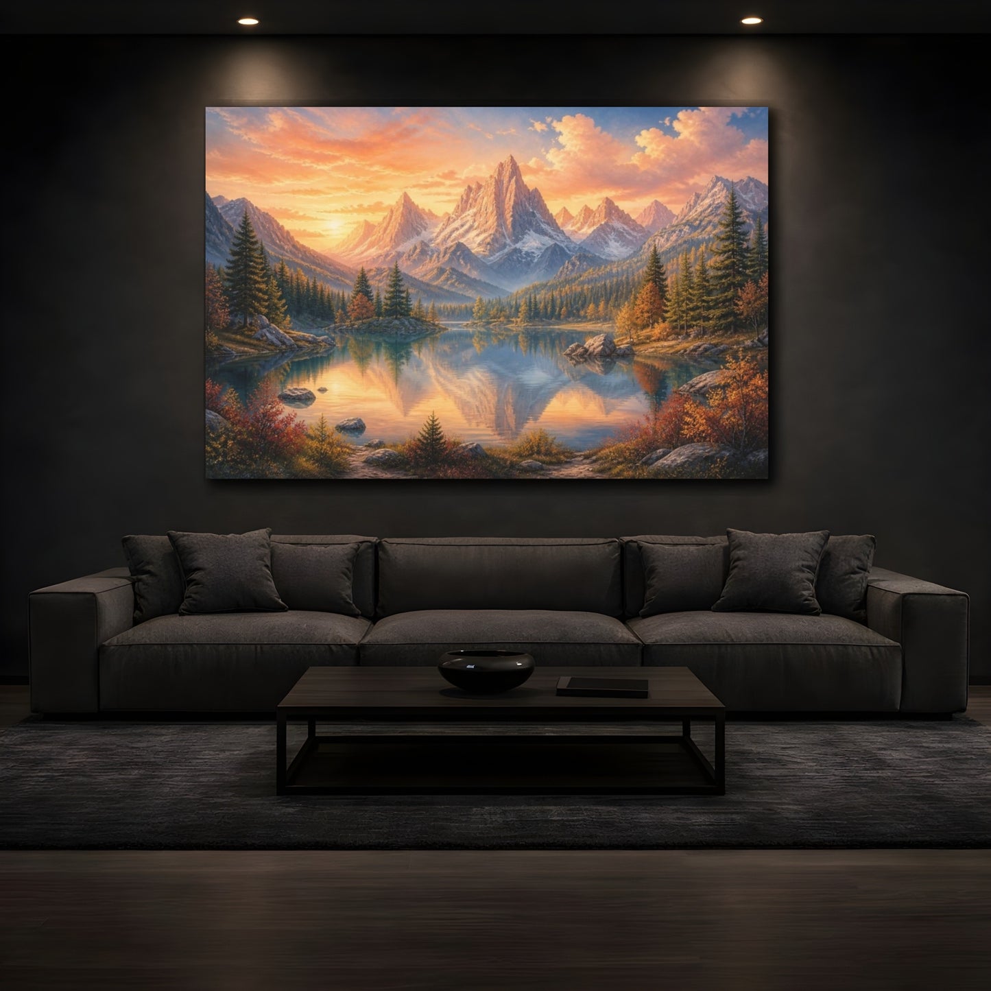 Mockup 3. Golden Alpine Lake Sunrise shown as canvas print