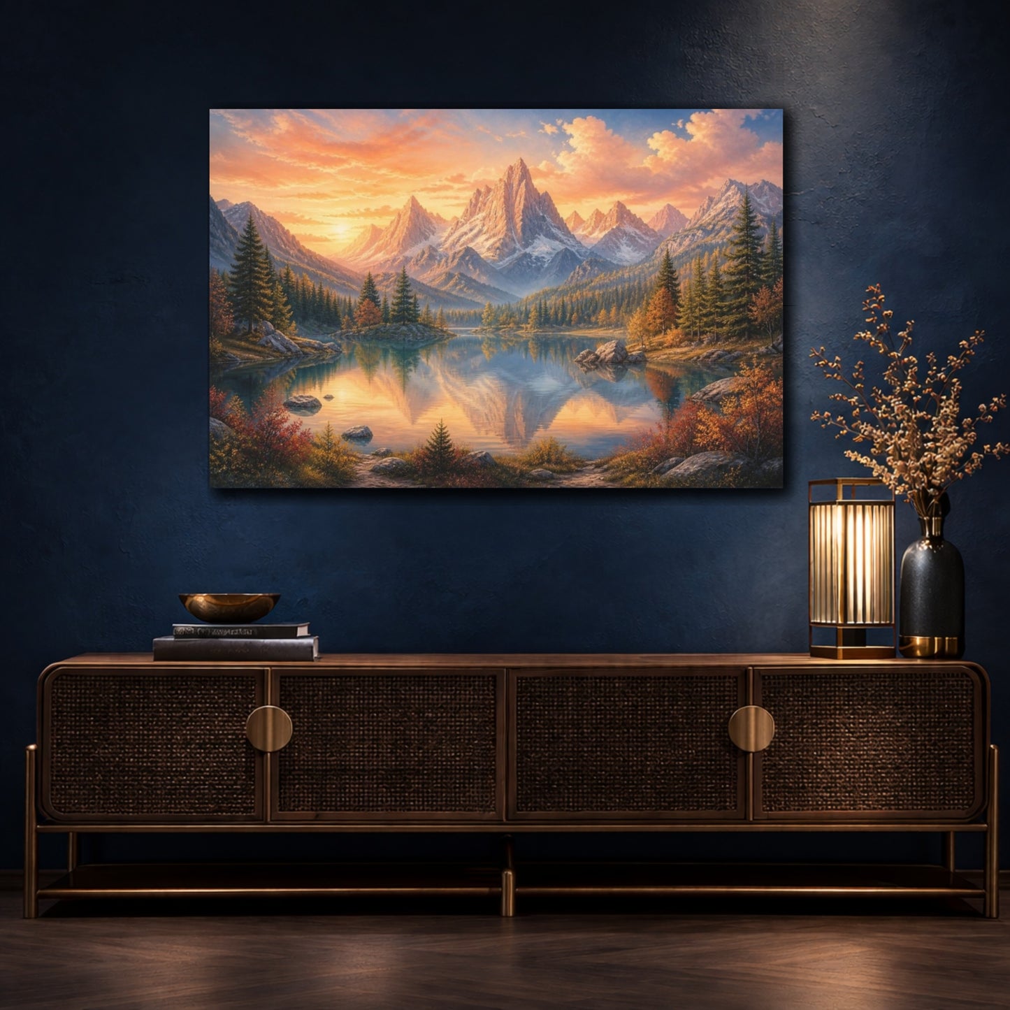 Mockup 4. Golden Alpine Lake Sunrise shown as canvas print