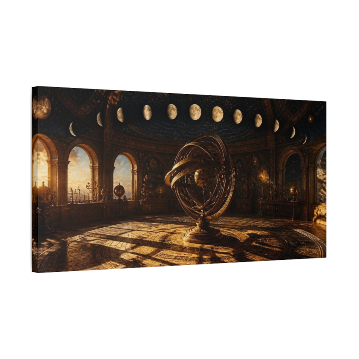 Side Mockup 1. Golden Armillary Sphere shown as canvas print