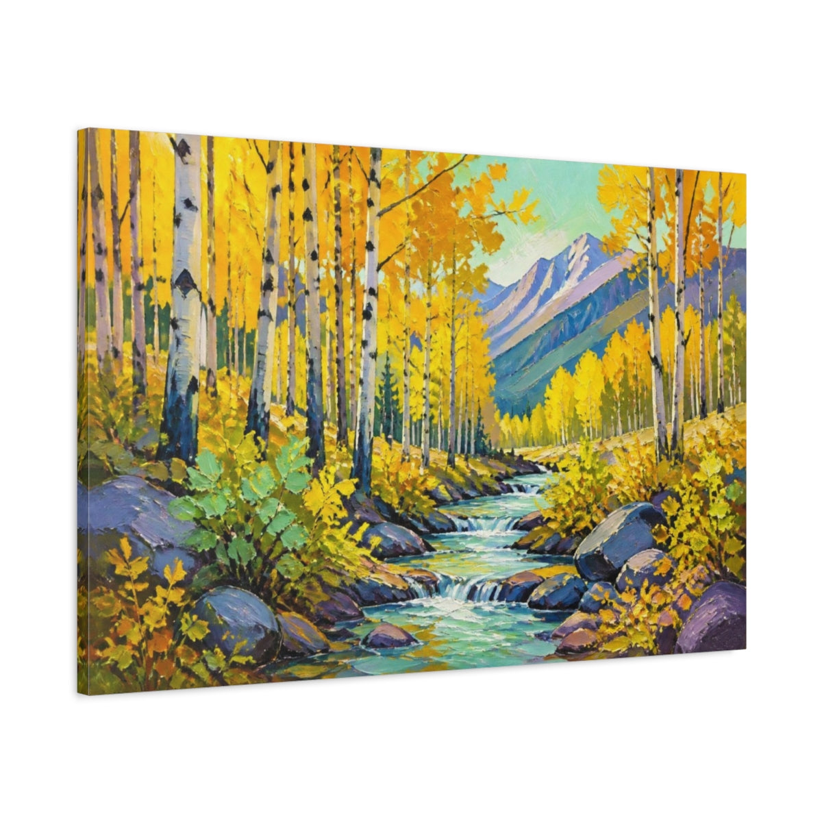 Main Mockup. Golden Aspen Nature Stream shown as canvas print