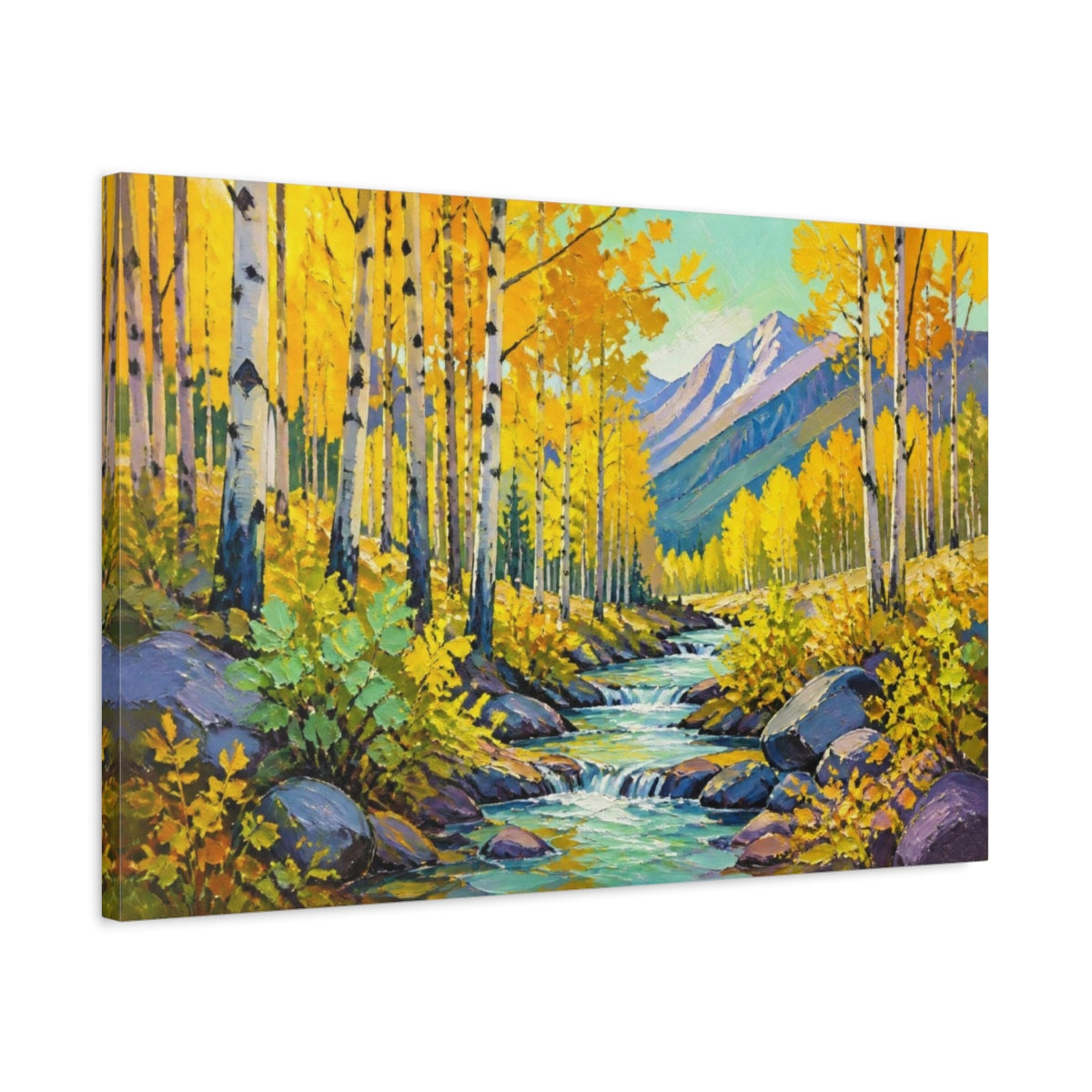 Side Mockup 2. Golden Aspen Nature Stream shown as canvas print