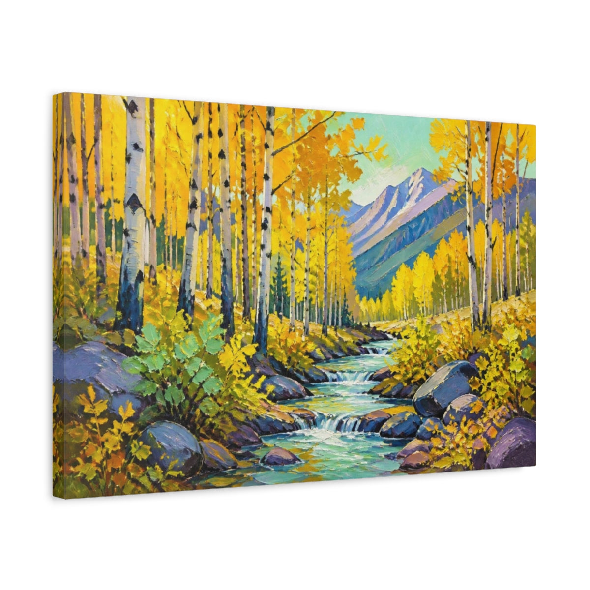Side Mockup 3. Golden Aspen Nature Stream shown as canvas print
