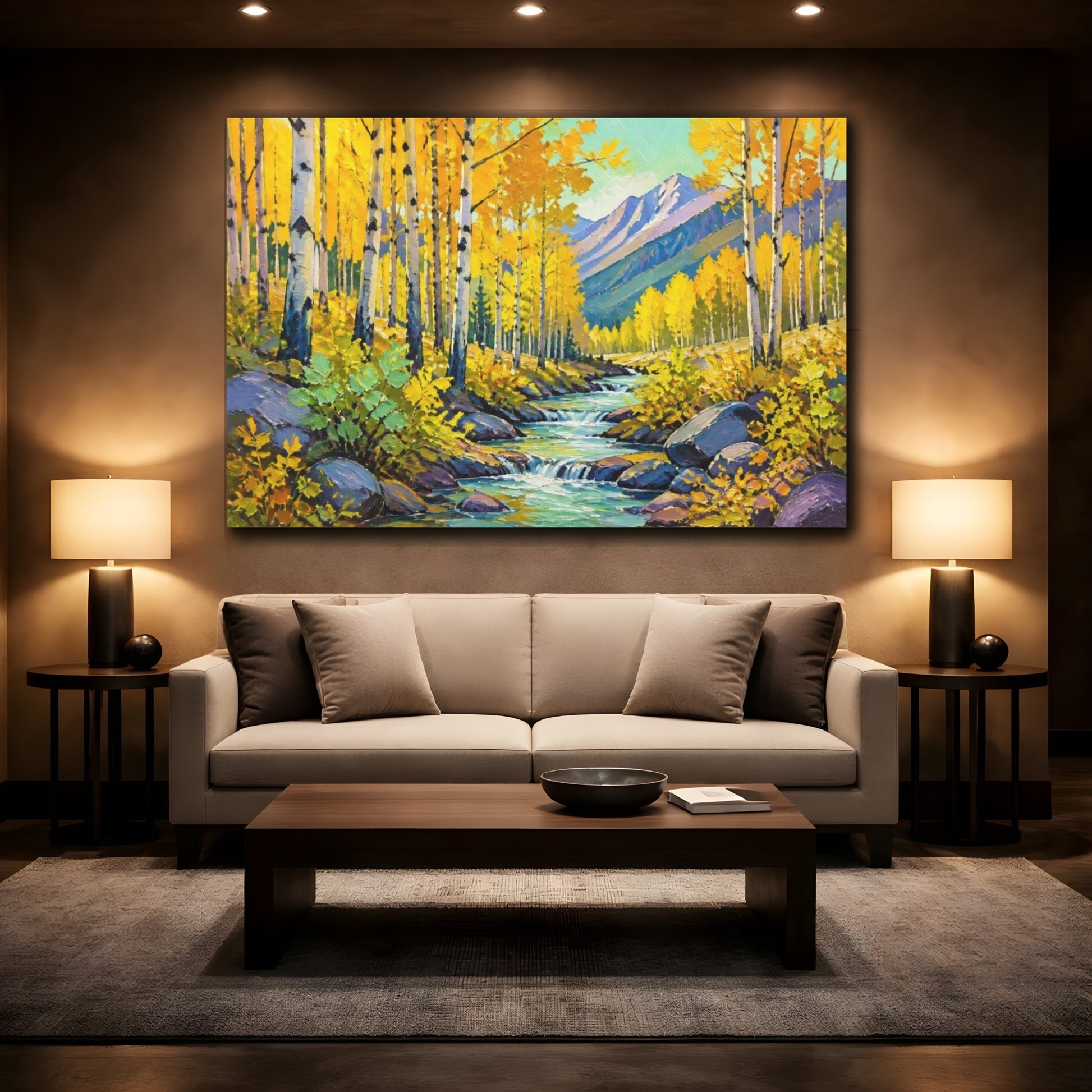 Mockup 2. Golden Aspen Nature Stream shown as canvas print