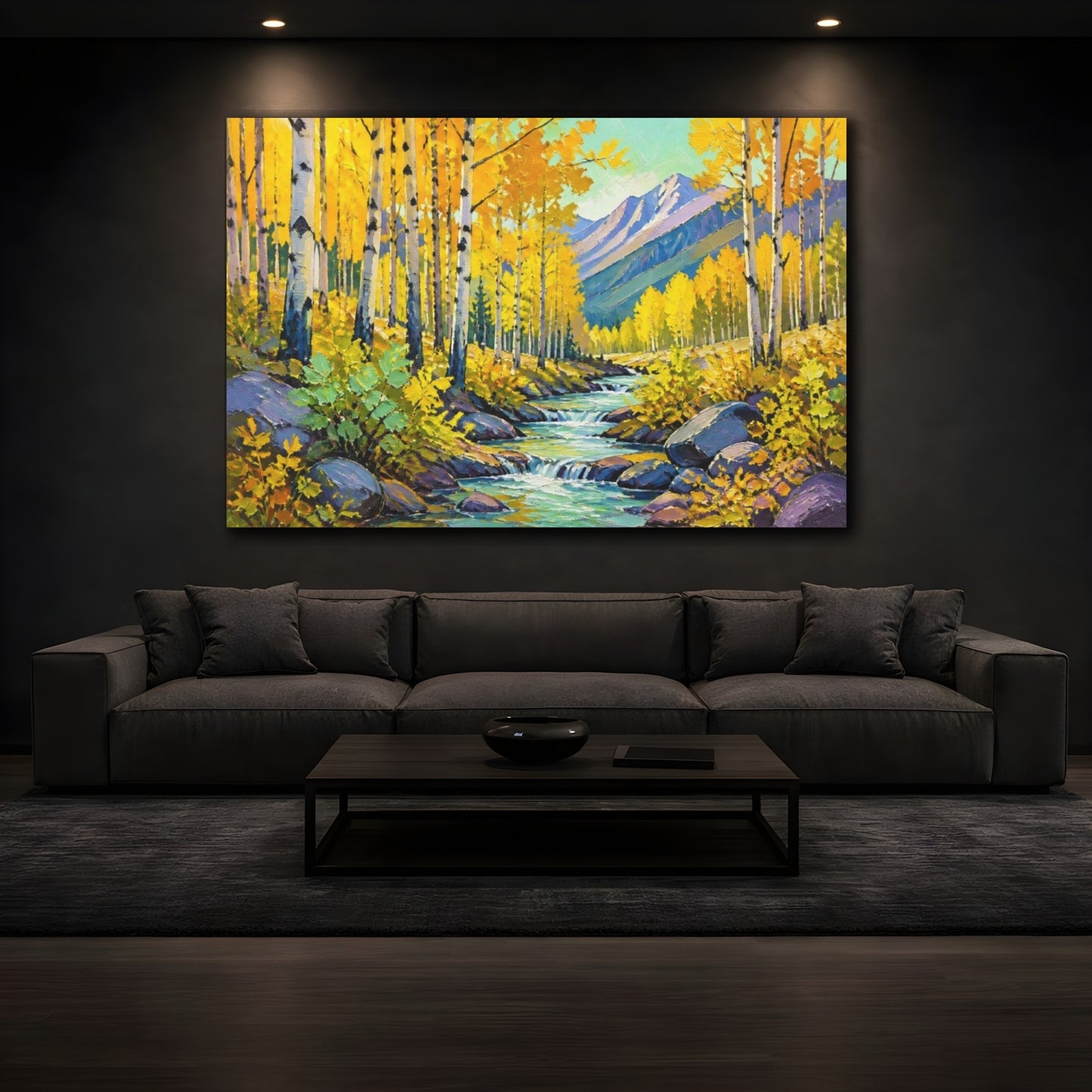 Mockup 3. Golden Aspen Nature Stream shown as canvas print