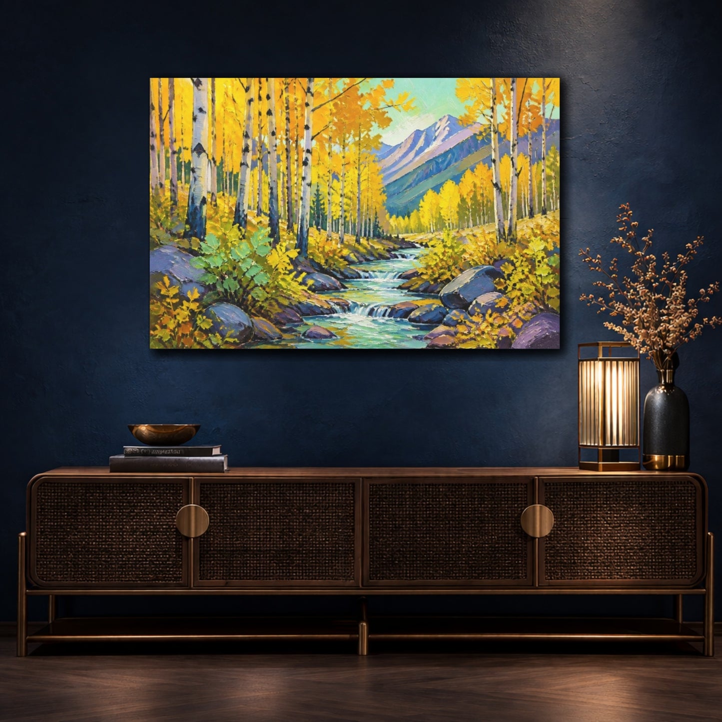 Mockup 4. Golden Aspen Nature Stream shown as canvas print