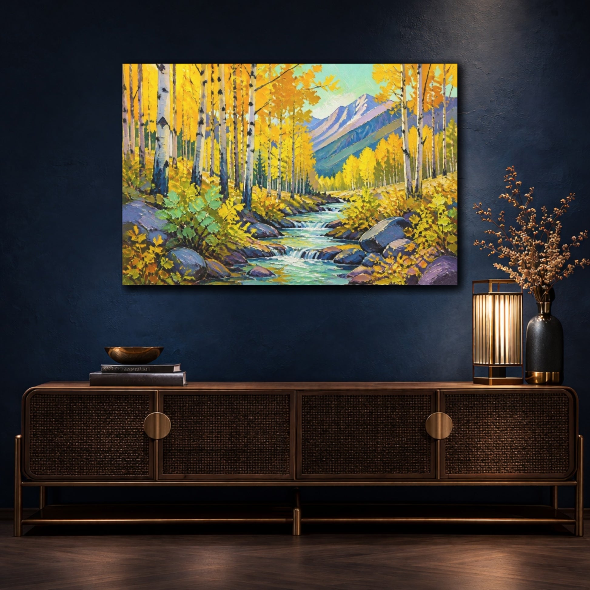 Mockup 4. Golden Aspen Nature Stream shown as canvas print
