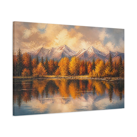 Main Mockup. Golden Autumn Mountain Reflection shown as canvas print
