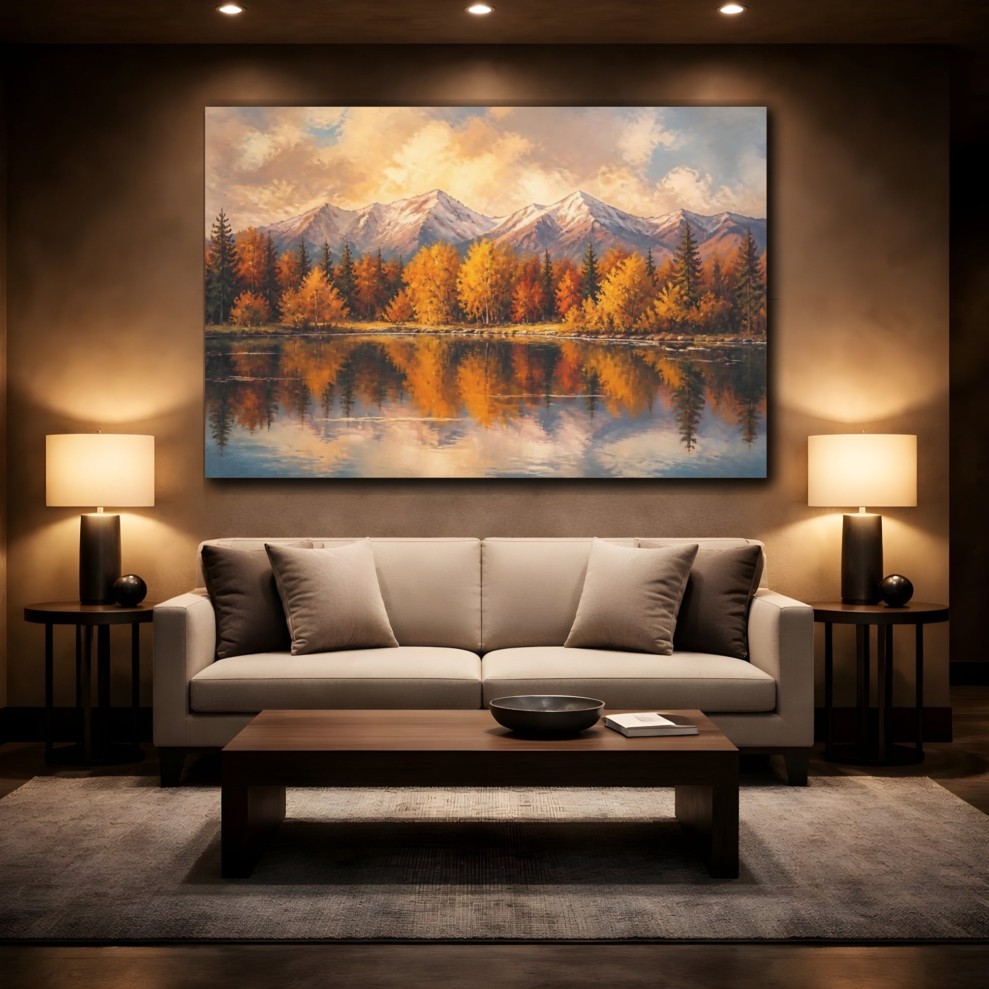 Mockup 2. Golden Autumn Mountain Reflection shown as canvas print