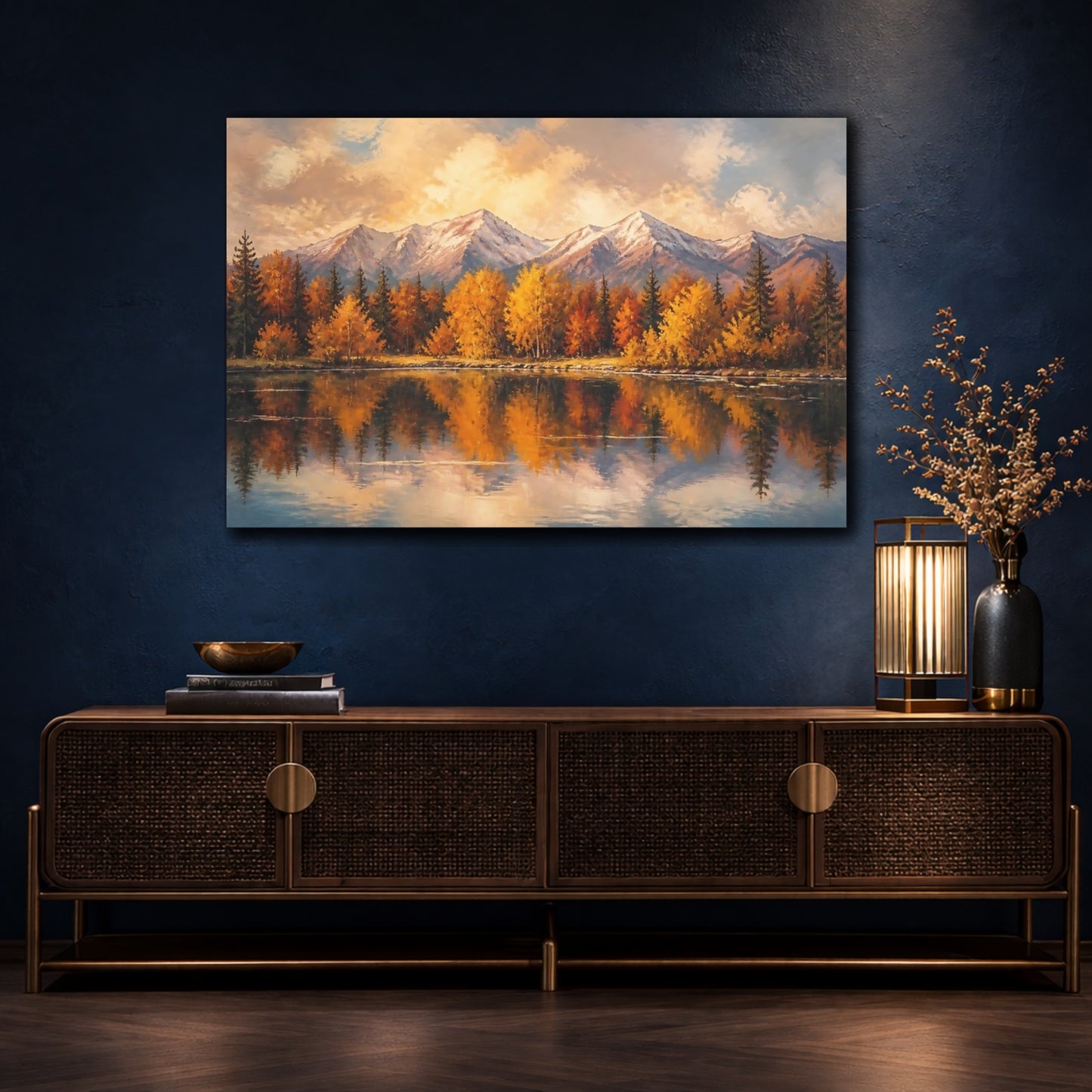 Mockup 4. Golden Autumn Mountain Reflection shown as canvas print